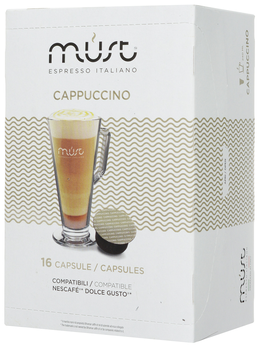 MUST DG Cappucino кофе капсульный, 16 шт8056370761357 MUST DG Cappucino кофе капсульный, 16 шт8056370761357Кофе в капсулах MUST DG Cappucino - пример итальянского качества и мастерства обжарки кофейных зерен. Молотый кофе прессуется по новейшим инновационным технологиям, позволяющим сохранить восхитительный кофейный вкус и аромат. Этот кофе отличается густой плотной пенкой, нежным вкусом и удивительным интенсивным ароматом. Капсулы MUST DG Cappucino позволяют варить изысканный капучино с устойчивой бархатистой пенкой.