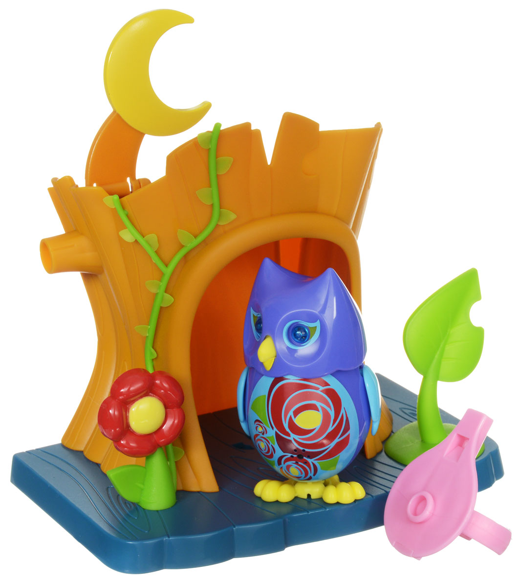 DigiFriends Интерактивная игрушка Сова с домиком цвет фиолетовый голубой88359_фиолетовый,голубой DigiFriends Интерактивная игрушка Сова с домиком цвет фиолетовый голубой88359_фиолетовый,голубойИнтерактивная игрушка DigiFriends Сова с домиком подарит ребенку множество незабываемых игр. Птичка умеет петь как соло, так и в хоре - вместе с другими птичками. Уютный домик для совы имеет главный вход и заднюю дверь. К крыше домика приделан месяц, который поднимается, и тогда наступает ночь. Рядом с домиком расположен желудь и листик. Если поднять листик, то под ним можно обнаружить забавную букашку. Чтобы активировать режим проигрывания мелодий и птичьего щебета, достаточно посвистеть в свисток, имеющийся в комплекте. Кольцо-свисток может быть использовано в качестве насеста-переноски. Игрушка издает 55 вариантов мелодий и звуков. Голова птички двигается в такт мелодии, а клюв - открывается. Глаза совы светятся. Игрушка может спеть вместе со всеми персонажами DigiFriends в режиме хор. Птичка, которую активировали первой, становится солистом. Управлять пением пернатой звезды или целым хором - исключительно увлекательное занятие, которое надолго привлечёт...
