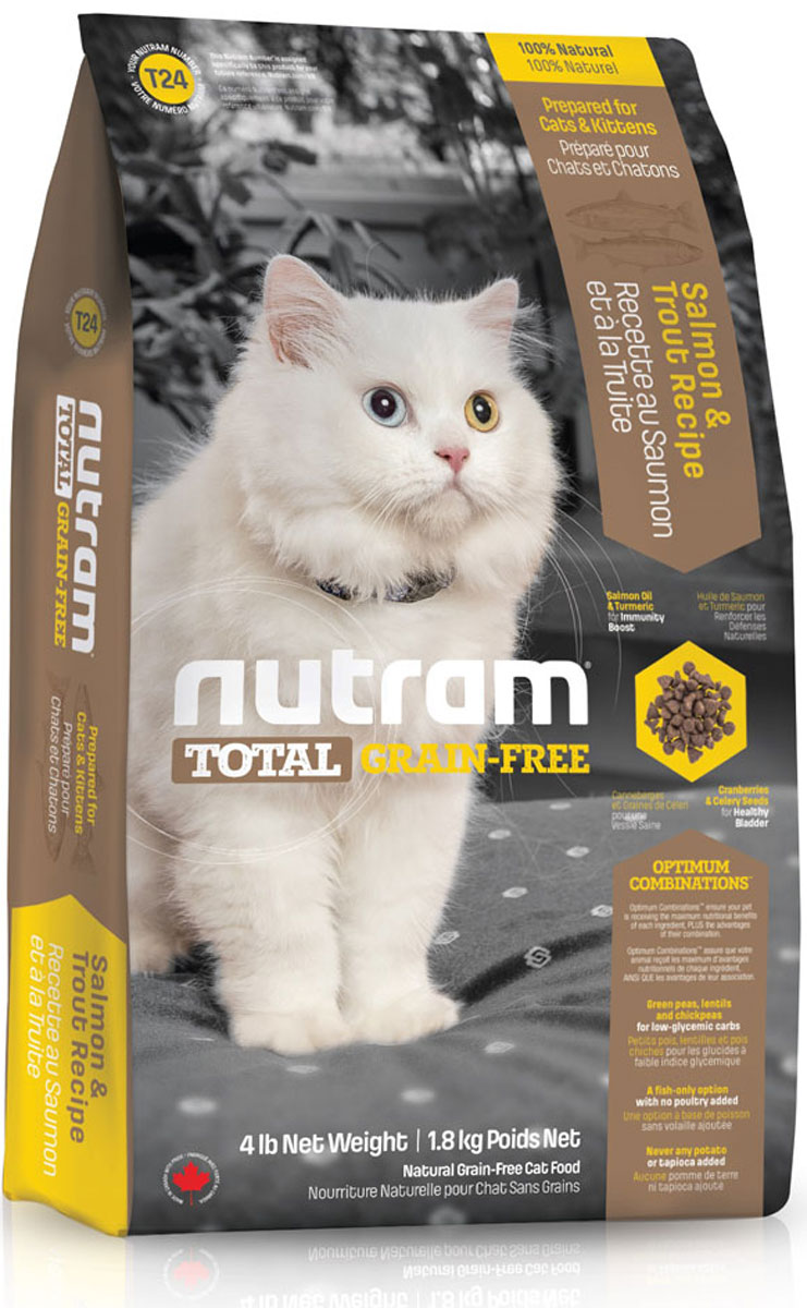 Корм сухой Nutram Total Grain-Free, для кошек и котят, беззерновой, с лососем и форелью, 1,8 кг82756 Корм сухой Nutram Total Grain-Free, для кошек и котят, беззерновой, с лососем и форелью, 1,8 кг82756Беззерновой сухой корм Nutram Total Grain-Free - натуральное и полноценное питание с низким гликемическим индексом углеводов. Корм обеспечивает ваших домашних питомцев только полезными ингредиентами, обработанными специальным способом для сохранения максимальной пользы. Рецептура корма Nutram Total Grain-Free соответствует возрастным нормам питания для кошек, установленным ассоциацией AAFCO. Он содержит в себе мясо лосося и форели высокого качества, витамины, аминокислоты и минеральные вещества. Состав: мясо форели без костей, дегидрированное мясо лосося, дегидрированное мясо рыбы менхаден, зеленый горошек, чечевица, бараний горох, каноловое масло, мясо лосося без костей, жир лососевых рыб, натуральный овощной ароматизатор, морковь, яблоки, тыква мускатная, киноа, хлорид холина, клюква, черника, ежевика, листовая капуста, корень цикория (пребиотик), витамины и минералы (витамин E, витамин С, витамин В3, витамин А, витамин В1, витамин B5, ...