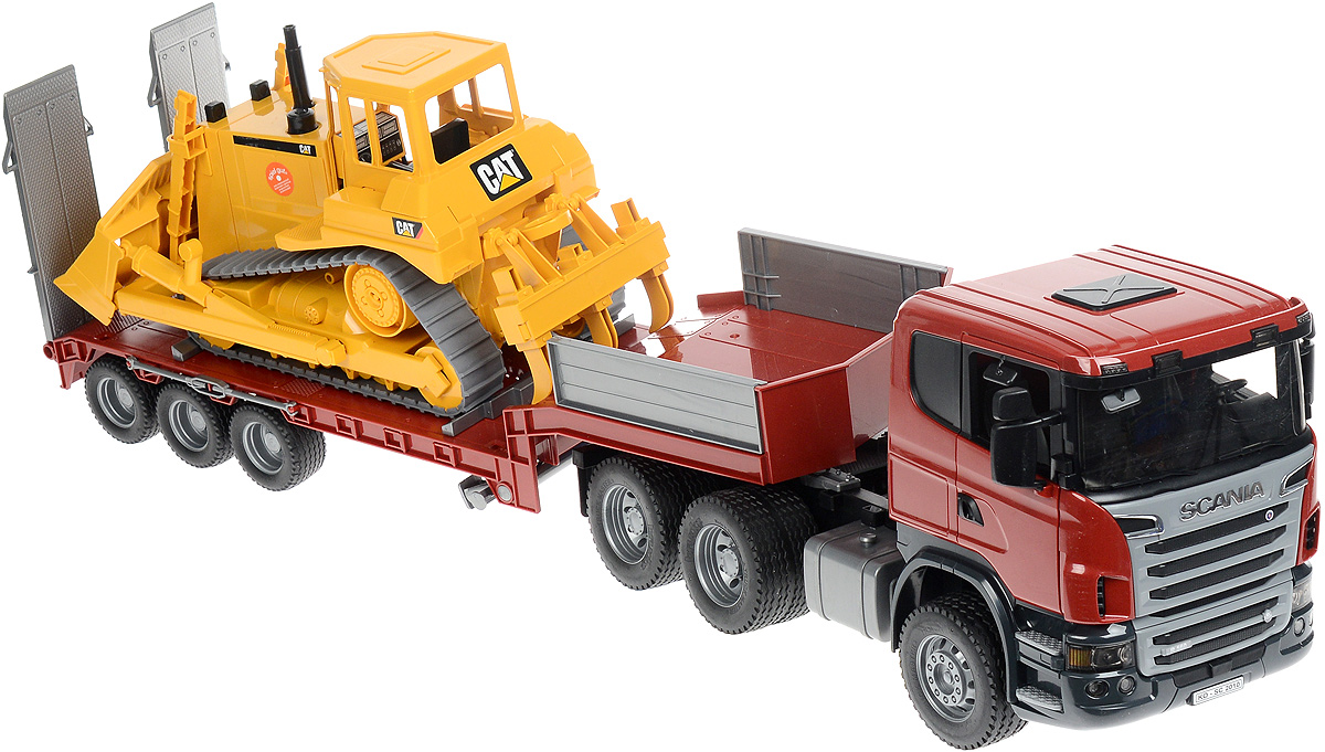 Bruder Тягач с прицепом–платформой Scania и гусеничным бульдозером Cat03-555 Bruder Тягач с прицепом–платформой Scania и гусеничным бульдозером Cat03-555Тягач с прицепом-платформой Scania и гусеничным бульдозером Cat Bruder выполнен в точной копии с реальной моделью в масштабе 1:16. Тягач с прицепом- платформой предназначен для буксировки различных крупных транспортных средств. Это одна из самых захватывающих игрушек, которая легко сочетается с другими игрушками Bruder. Двери водительской кабины тягача открываются, зеркала складываются. Прицеп-платформа отсоединяется от тягача и устанавливается на две опоры. Она снабжена башмаками для фиксации транспортных средств. Настил платформы опускается для загрузки транспортных средств. В комплекте запасное колесо. Колеса тягача и прицепа-платформы прорезинены. Бульдозер снабжен резиновыми гусеницами и отвалом, который поднимается/опускается и фиксируется в нескольких положениях, меняет угол наклона. Трехзубчатый разрыхлитель бульдозера можно установить в два положения - рыхление, зависание. Игра с такой техникой развивает у ребенка логическое мышление и воображение, мелкую моторику,...