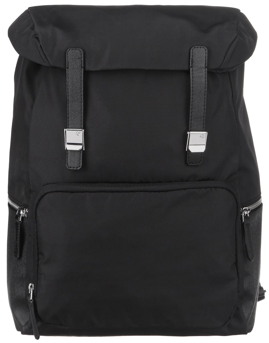 Рюкзак женский Samsonite, цвет: черный. 56D-0900256D-09002 Рюкзак женский Samsonite, цвет: черный. 56D-0900256D-09002Стильный женский рюкзак Samsonite выполнен из полиуретана и полиэстера, оформлен металлической фурнитурой. Изделие содержит одно отделение, закрывающееся на затягивающийся шнурок и дополнительно клапаном с хлястиками на фиксаторы. Внутри рюкзака расположены два накладных кармашка, врезной карман на застежке-молнии и отделение для планшета, закрывающееся эластичной резинкой на липучку. Задняя сторона изделия дополнена карманом на застежке-молнии. На лицевой стороне рюкзака расположен объемный карман на застежке-молнии. По бокам расположены два врезных кармашка, каждый из которых закрывается на застежку-молнию. Изделие оснащено двумя широкими плечевыми лямками регулируемой длины и петлей для подвешивания. На дне рюкзака расположены металлические ножки. Практичный аксессуар позволит вам завершить образ и быть неотразимой.