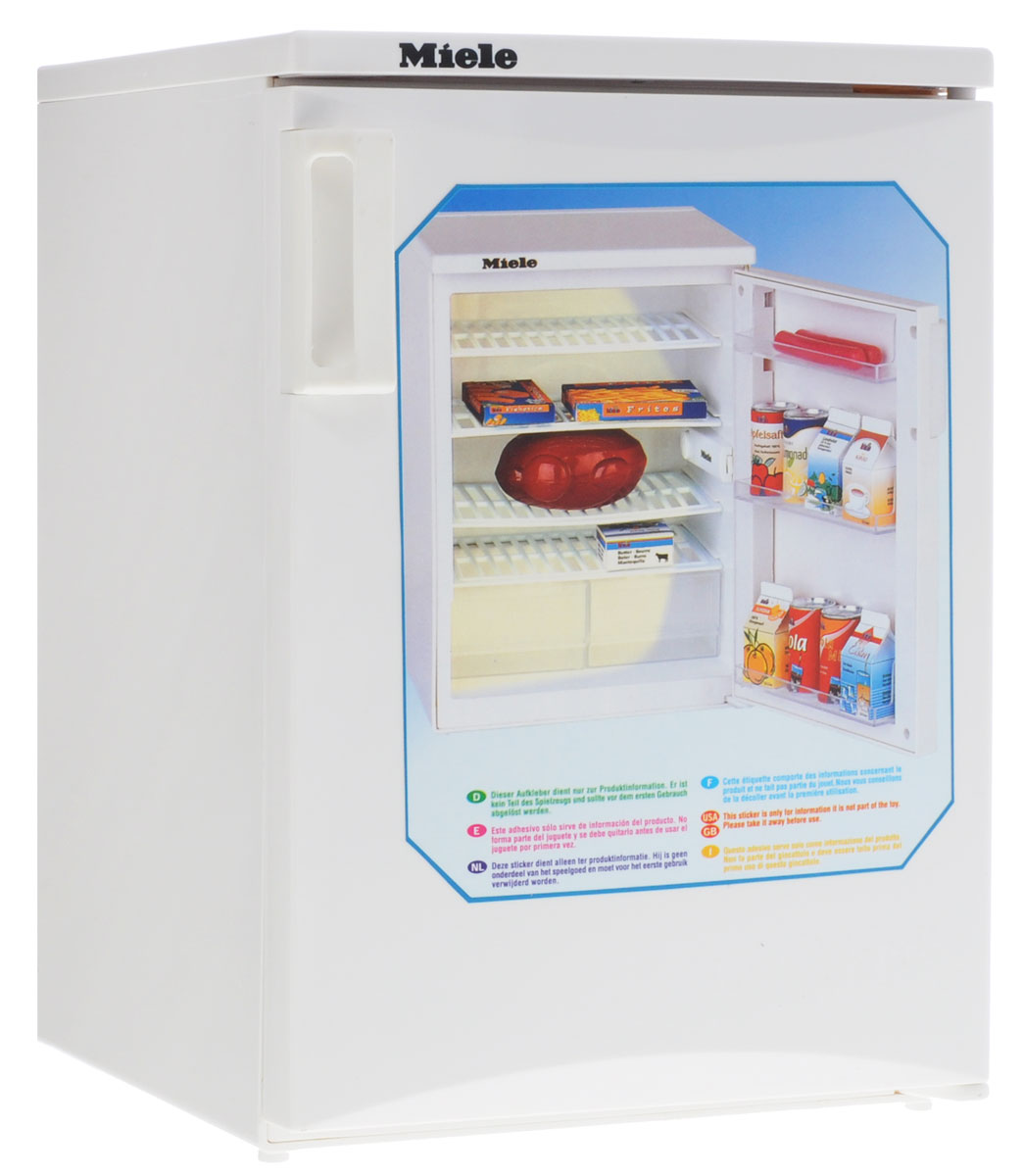 Klein Игрушечный холодильник Miele9462 Klein Игрушечный холодильник Miele9462Игрушечный холодильник Klein Miele - точная игрушечная копия холодильника. При открывании дверцы холодильника внутри включается подсветка и начинает работать вентилятор. Внутри у холодильника 4 полки и два выдвижных ящика для продуктов, на дверце - 3 прозрачные полки. Дверца холодильника легко открывается за ручку. В комплекте игрушечные упаковки для рыбных палочек, картошки фри, масла, какао, сметаны, йогурта и апельсинового сока. Также есть баночки с лимонадом, курица гриль две сосиски. Необходимо купить 3 батарейки напряжением 1,5V типа АА (не входят в комплект).