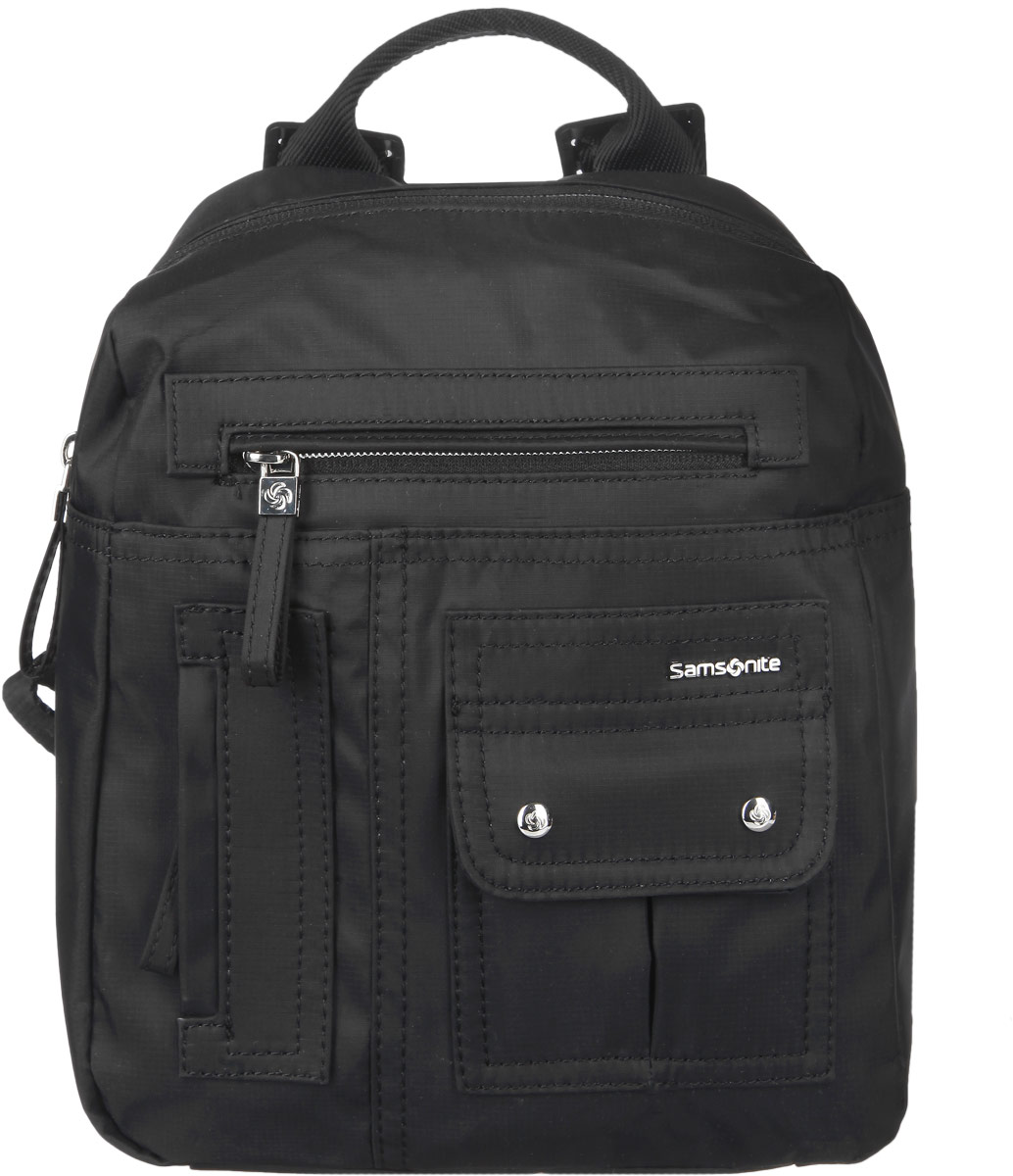 Рюкзак женский Samsonite, цвет: черный. 96V-0901496V-09014 Рюкзак женский Samsonite, цвет: черный. 96V-0901496V-09014Стильный женский рюкзак Samsonite выполнен из полиамида, оформлен металлической фурнитурой c символикой бренда. Изделие содержит одно отделение, закрывающееся на застежку-молнию. Внутри рюкзака расположены два накладных кармашка и врезной карман на застежке-молнии. На лицевой стороне рюкзака расположены: накладной карман, закрывающийся клапаном на магниты, врезной кармашек на застежке-молнии и потайной кармашек на молнии. Задняя сторона изделия дополнена вместительным накладным карманом на застежке-липучке. Изделие оснащено двумя широкими плечевыми лямками регулируемой длины и петлей для подвешивания. Практичный аксессуар позволит вам завершить образ и быть неотразимой.