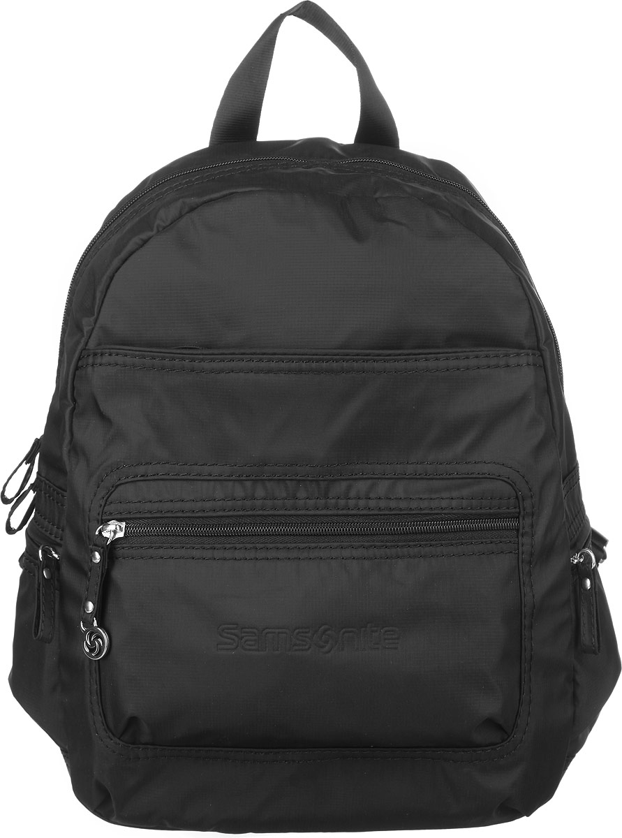 Рюкзак женский Samsonite, цвет: черный. 5H3-090245H3-09024 Рюкзак женский Samsonite, цвет: черный. 5H3-090245H3-09024Стильный женский рюкзак Samsonite выполнен из полиамида, оформлен металлической фурнитурой и символикой бренда. Изделие содержит одно отделение, закрывающееся на застежку-молнию. Внутри рюкзака расположены два накладных кармашка, карабин для ключей и врезной карман на застежке-молнии. На лицевой стороне рюкзака расположены: вместительный накладной карман на застежке-молнии и врезной кармашек на застежке-молнии. По бокам изделия расположены два врезных кармана, каждый из которых закрывается на молнию. Изделие оснащено двумя широкими плечевыми лямками регулируемой длины и петлей для подвешивания. Практичный аксессуар позволит вам завершить образ и быть неотразимой.