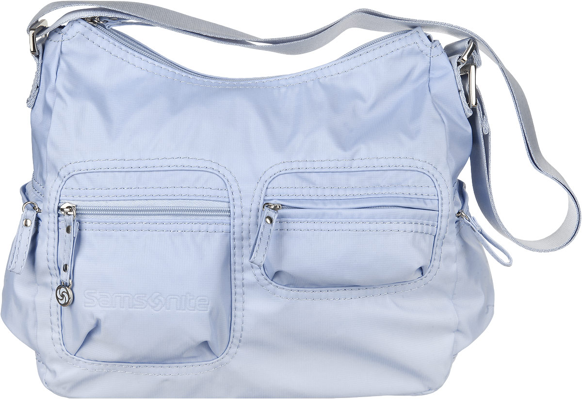Сумка женская Samsonite, цвет: голубой. 5H3-310195H3-31019 Сумка женская Samsonite, цвет: голубой. 5H3-310195H3-31019Стильная женская сумка Samsonite выполнена из полиамида, оформлена металлической фурнитурой и символикой бренда. Изделие содержит одно отделение, которое закрывается на застежку-молнию. Внутри сумки расположены два накладных кармашка для мелочей, карабин для ключей и врезной карман на застежке-молнии. Задняя сторона сумки дополнена накладным карманом на застежке-молнии. На лицевой стороне сумки расположены два объемных кармашка, каждый из которых закрывается на молнию. По бокам изделия расположены два врезных кармана, закрывающиеся на молнии. Изделие оснащено практичным плечевым ремнем регулируемой длины. Практичный аксессуар позволит вам завершить образ и быть неотразимой.