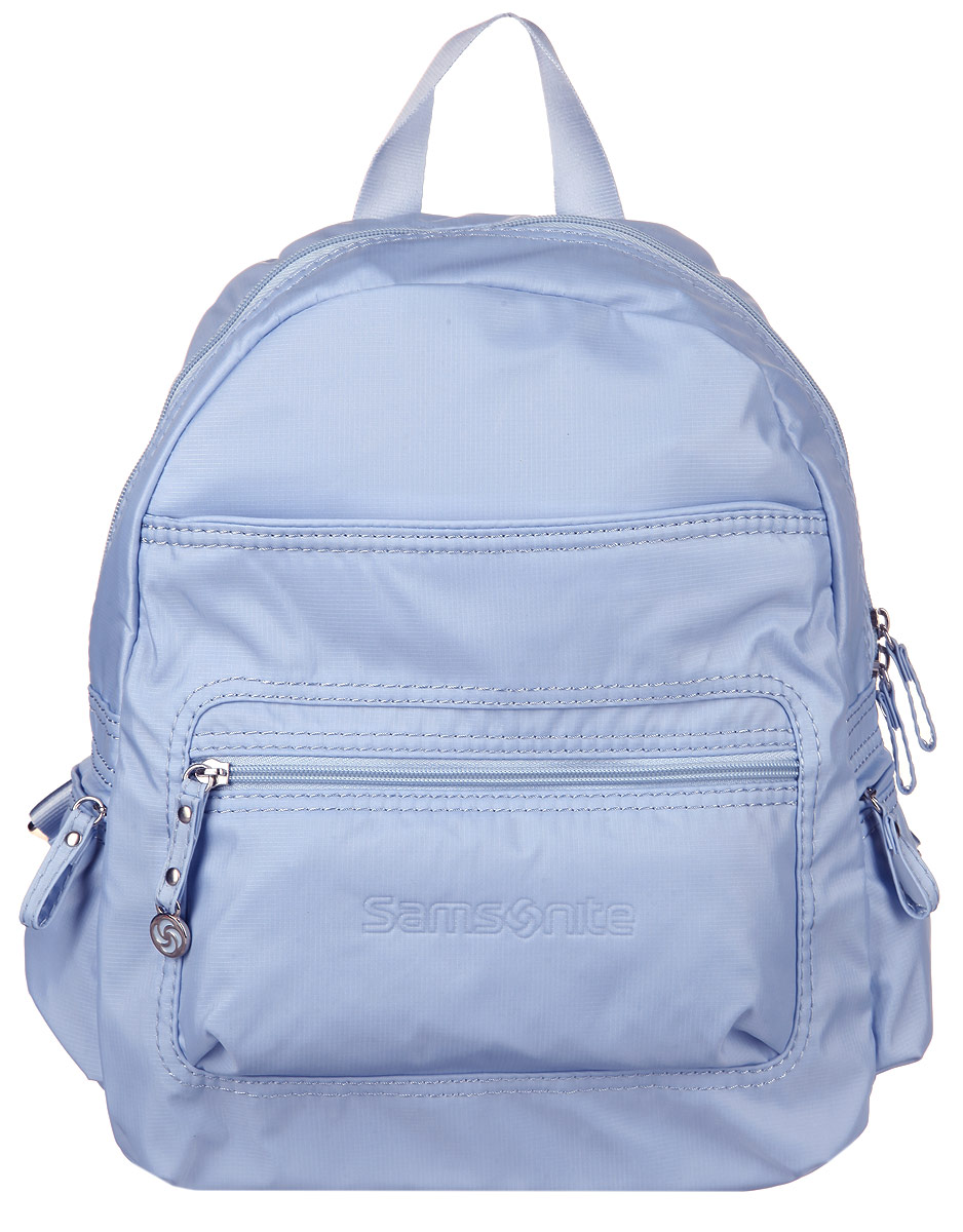 Рюкзак женский Samsonite, цвет: голубой. 5H3-310245H3-31024 Рюкзак женский Samsonite, цвет: голубой. 5H3-310245H3-31024Стильный женский рюкзак Samsonite выполнен из полиамида, оформлен металлической фурнитурой и символикой бренда. Изделие содержит одно отделение, закрывающееся на застежку-молнию. Внутри рюкзака расположены два накладных кармашка, карабин для ключей и врезной карман на застежке-молнии. На лицевой стороне рюкзака расположены: вместительный накладной карман на застежке-молнии и врезной кармашек на застежке-молнии. По бокам изделия расположены два врезных кармана, каждый из которых закрывается на молнию. Изделие оснащено двумя широкими плечевыми лямками регулируемой длины и петлей для подвешивания. Практичный аксессуар позволит вам завершить образ и быть неотразимой.