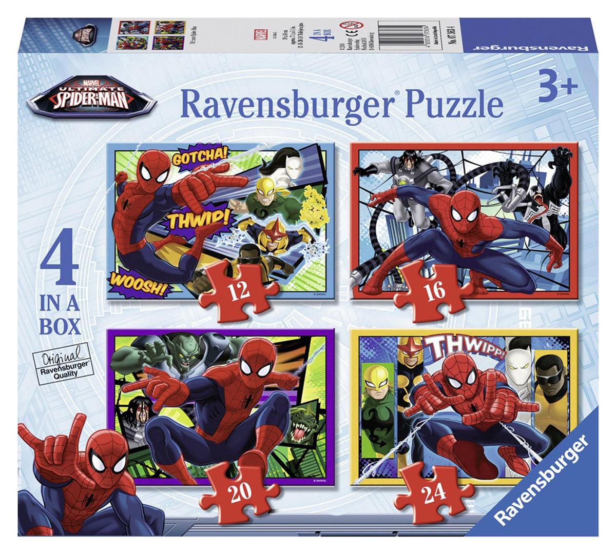 Ravensburger Пазл для малышей Человек-паук 4 в 17363 Ravensburger Пазл для малышей Человек-паук 4 в 17363Пазл для малышей Ravensburger Человек-паук прекрасно подходит для первого знакомства малыша с мозаикой, способствует формированию навыка соединения целого изображения из различных элементов. Набор включает в себя 4 пазла. Первый пазл состоит из 12 элементов, второй - из 16 элементов, третий - из 20 элементов и четвертый - из 24 элементов. Собрав все элементы, вы получите 4 картинки с изображением главного героя комиксов Mavel - Человека-паука. Собирание пазла развивает у ребенка мелкую моторику рук, тренирует наблюдательность, логическое мышление, знакомит с окружающим миром, с цветом и разнообразными формами, учит усидчивости и терпению, аккуратности и вниманию.