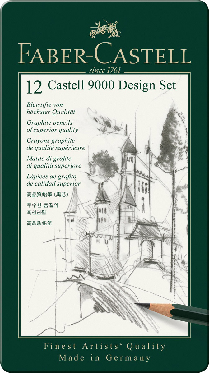 Faber-Castell Набор чернографитовых карандашей Castell 9000 12 шт119064 Faber-Castell Набор чернографитовых карандашей Castell 9000 12 шт119064Faber Castell CASTELL 9000 119064 - это карандаши чернографитовые с шестигранной формой высокого качества. Могут применяться как для письма, так и для эскизов. Специальный лак служит защитой для окружающей среды. Также присутствует технология вклеивания, исключая возможность поломки грифеля при падении. Твердость карандашей в наборе - 2B, 3B, 4B, 5B, B, HB, F, H, 2H, 3H, 4H, 5H. Вид карандаша: Простой. Твердость грифеля: 2B, 3B, 4B, 5B, B, HB, F, H, 2H, 3H, 4H, 5H. Материал: дерево.