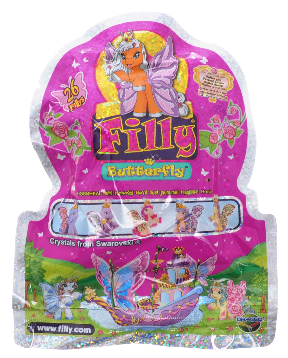 Filly Dracco Фигурка Бабочки с блесткамиM770038-3850 Filly Dracco Фигурка Бабочки с блесткамиM770038-3850Волшебные лошадки собрались все вместе! Каждая из них - это яркая бабочка, крылья которой украшены семейным гербом. С помощью своих рожек-усиков они общаются друг с другом, а яркая корона с кристаллами Swarowski показывает их статус. В коллекции 48 лошадок. 26 из них - уникальные персонажи со своими специфическими особенностями, цветом гривы, хвостиком, семейным гербом. В коллекции вы найдете пять фигурок из секретного семейства, а также представителей семейства Воды, Цветочного и Солнечного семейства, семейства Листьев, Сердец, пурпурных бабочек и удивительную фигурку принцессы Скарлетт, у которой радужные крылья и пять кристаллов Swarovski в короне.Соберите любимых героев вместе! В одном пакетике Filly Dracco Бабочки с блестками - одна фигурка. Выбрать лошадку тоже не получится, поэтому придется положиться на случай! Кто же спрятан в этом пакетике? Узнайте прямо сейчас!