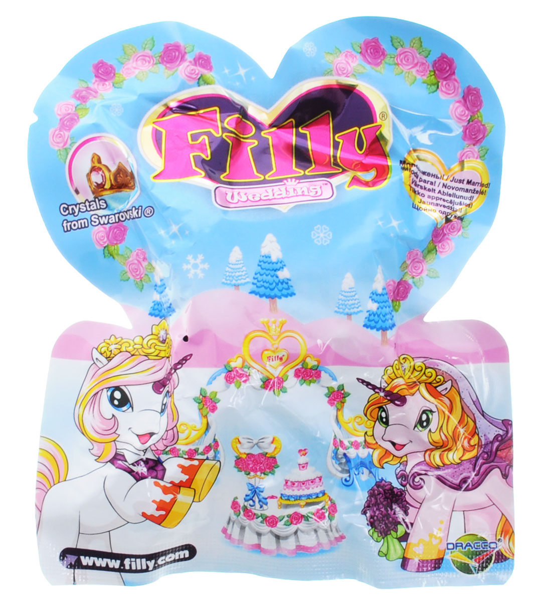 Filly Dracco Фигурка СвадьбаM064004-3850 Filly Dracco Фигурка СвадьбаM064004-3850Волшебные лошадки собрались все вместе! В ассортименте новой коллекции представлено 10 лошадок, которые готовятся к важному событию в жизни: свадьбе! Поэтому все они невероятно яркие, стильные и одеты в праздничные наряды. У каждой лошадки есть букет, роскошная диадема в волосах и блеск в глазах. В комплекте с каждым героем вы найдете персональную карточку, описывающую лошадку Filly, и брошюру с рассказом о других героях коллекции. Встречайте единорогов Филипа и Пенелопу, волшебных существ Джозефа и Жозефину, Эндрю и Александру, Себастьяна и Сильву, а также Маркуса и Мэри. Соберите все влюбленные парочки и устройте грандиозное свадебное торжество! В одном пакетике Filly Dracco Свадьба - одна фигурка. Выбрать лошадку тоже не получится, поэтому придется положиться на случай! Кто же спрятан в этом пакетике? Узнайте прямо сейчас!