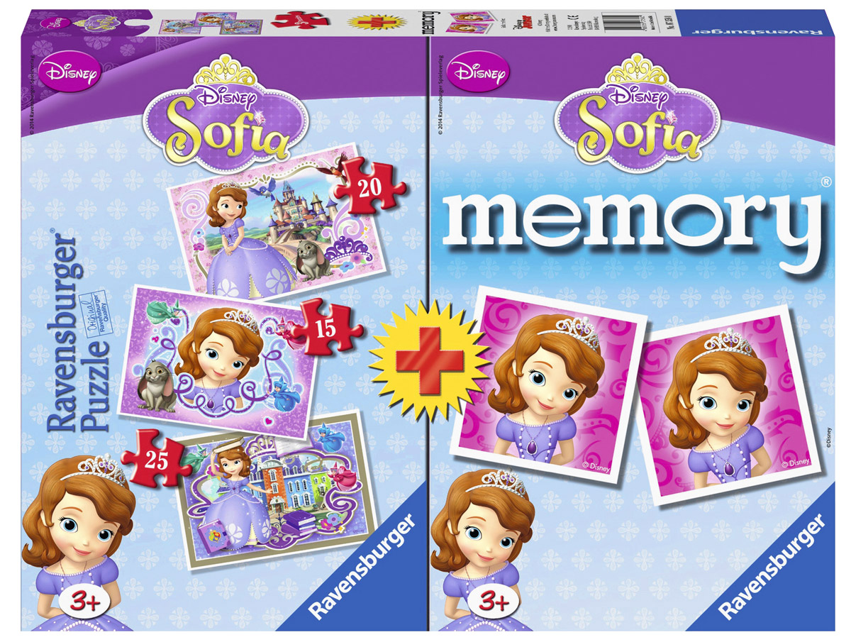 Ravensburger Пазл для малышей София Прекрасная 3 в 1 + 48 карточек мемори7358 Ravensburger Пазл для малышей София Прекрасная 3 в 1 + 48 карточек мемори7358Пазл Ravensburger София Прекрасная, без сомнения, придется по душе вашему ребенку. Набор включает в себя 3 пазла. Первый пазл состоит из 20 элементов, второй - из 15 элементов, третий - из 25 элементов. Собрав все элементы, вы получите 3 замечательные картинки с изображением героев мультсериала София Прекрасная. Пазл изготовлен из картона высочайшего качества. Каждая деталь имеет свою форму и подходит только на свое место. Все изображения аккуратно отсканированы и напечатаны на ламинированной бумаге. Пазлы - замечательная развивающая игра для детей. Собирание пазла развивает у ребенка мелкую моторику рук, тренирует наблюдательность, логическое мышление, знакомит с окружающим миром, с цветом и разнообразными формами, учит усидчивости, терпению и аккуратности. Карточки Memory прекрасно развивают память и внимание. В наборе 48 карточек (всего 24 пары). Найдите 2 одинаковые карточки. Поиск карточек надолго займет ребенка и доставит море радости.