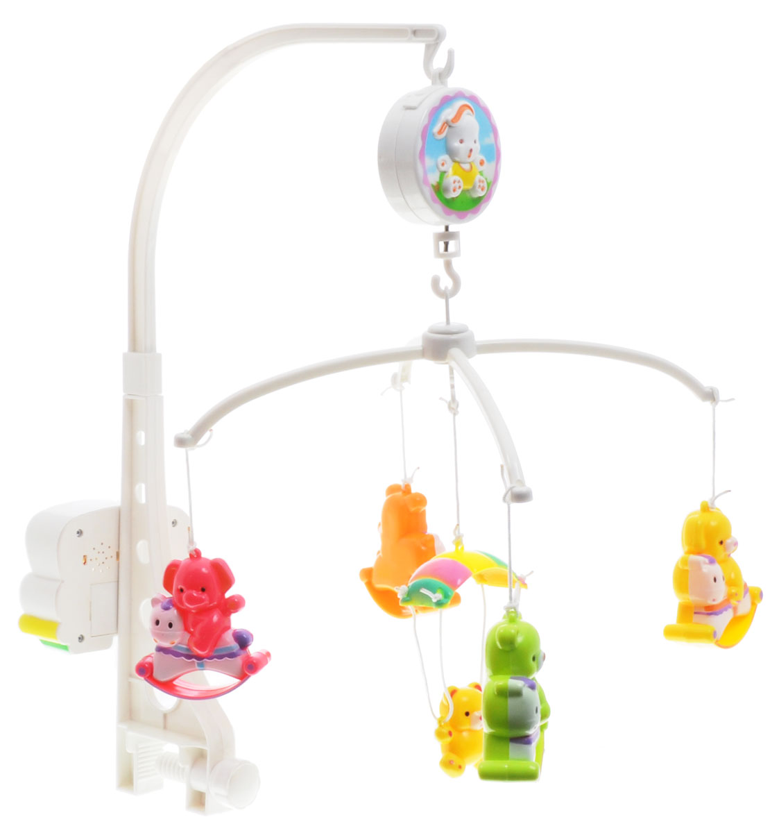 Junfa Toys Музыкальный мобиль Веселые животные5403 Junfa Toys Музыкальный мобиль Веселые животные5403Яркий музыкальный мобиль Веселые животные со световыми и звуковыми эффектами - оригинальная музыкальная игрушка, создающая атмосферу уюта и спокойствия в детской комнате. Под приятные мелодии на мобиле медленно вращаются пять ярких разноцветных погремушек в виде милых медвежат, слоненка и собачки. При этом играет очень приятная и спокойная музыка. Можно включить машинку - она будет светить фарами, не ослепляя ребенка светом. Подвесные игрушки привлекут внимание малыша и помогут развитию зрения и цветового восприятия, а мелодичные звуки разовьют звуковое восприятие. Для работы требуются 2 батарейки АА (не входят в комплект).