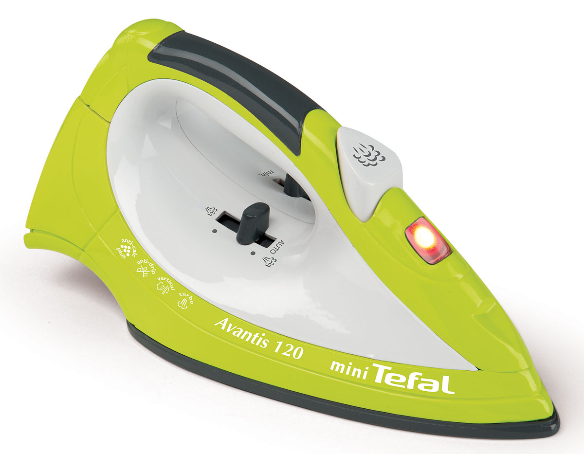 Smoby Игрушка Утюг Tefal цвет салатовый белый24094 Smoby Игрушка Утюг Tefal цвет салатовый белый24094Игрушка Утюг Tefal непременно понравится вашей маленькой хозяйке! Утюг выполнен из прочного пластика и очень похож на оригинальный продукт фирмы Tefal. С помощью двух кнопок можно имитировать смену режимов. При нажатии на кнопку, расположенную вверху утюга, загорается яркая лампочка, и слышен шипящий звук. С таким утюгом все игрушки вашего ребенка будут опрятными, а их одежда будет идеально выглажена. Для работы необходимо 2 батарейки АА (не входят в комплект).