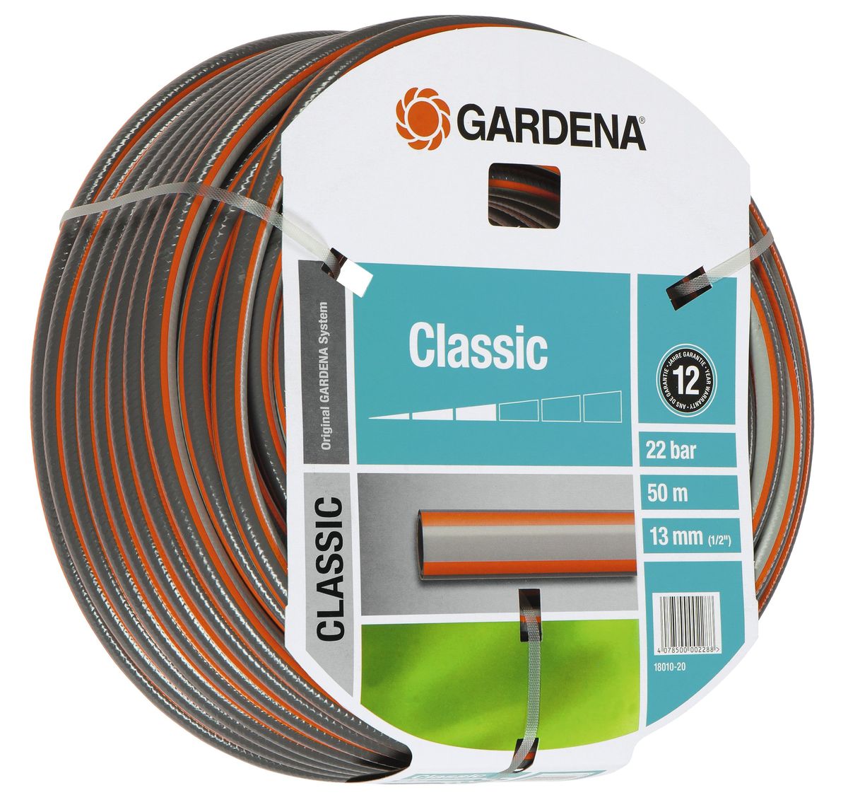 Шланг Gardena Classic, 13 мм (1/2) х 50 м18010-20.000.00 Шланг Gardena Classic, 13 мм (1/2) х 50 м18010-20.000.00Шланг Gardena Classic, прекрасно сохраняет свою форму благодаря высококачественному текстильному армированию, отсутствуют фталаты и тяжелые металлы, невосприимчив к УФ-излучению. Шланг не перегибается, не спутывается, не перекручивается, благодаря спиралевидному текстильному армированию, усиленному углеродными волокнами. Шланг Gardena Classic оптимально сочетается с компонентами базовой системы полива. Идеально подходит для умеренной интенсивности использования. Шланг Gardena Classic выполнен из высококачественного ПВХ и выдерживает давление до 22 бар. Толстые стенки шланга и высококачественные материалы обеспечивают длительный срок службы.