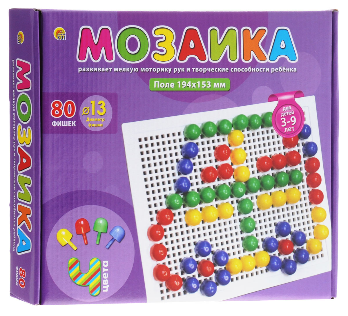 Рыжий Кот Мозаика 80 фишекМ-0103 Рыжий Кот Мозаика 80 фишекМ-0103Детская мозаика Рыжий Кот станет замечательной игрушкой для вашего ребёнка! Она прекрасно развивает творческое воображение, абстрактное и логическое мышление, внимание, мелкую моторику рук, а также учит различать цвета и оттенки. Мозаика понравится ребёнку яркими деталями, хорошим качеством и разными вариантами складывания изображений. Она станет увлекательным и полезным занятием для детей! Для детей от 3 до 9 лет. В набор входит игровое поле 19,4 см х 15,3 см, 80 фишек.