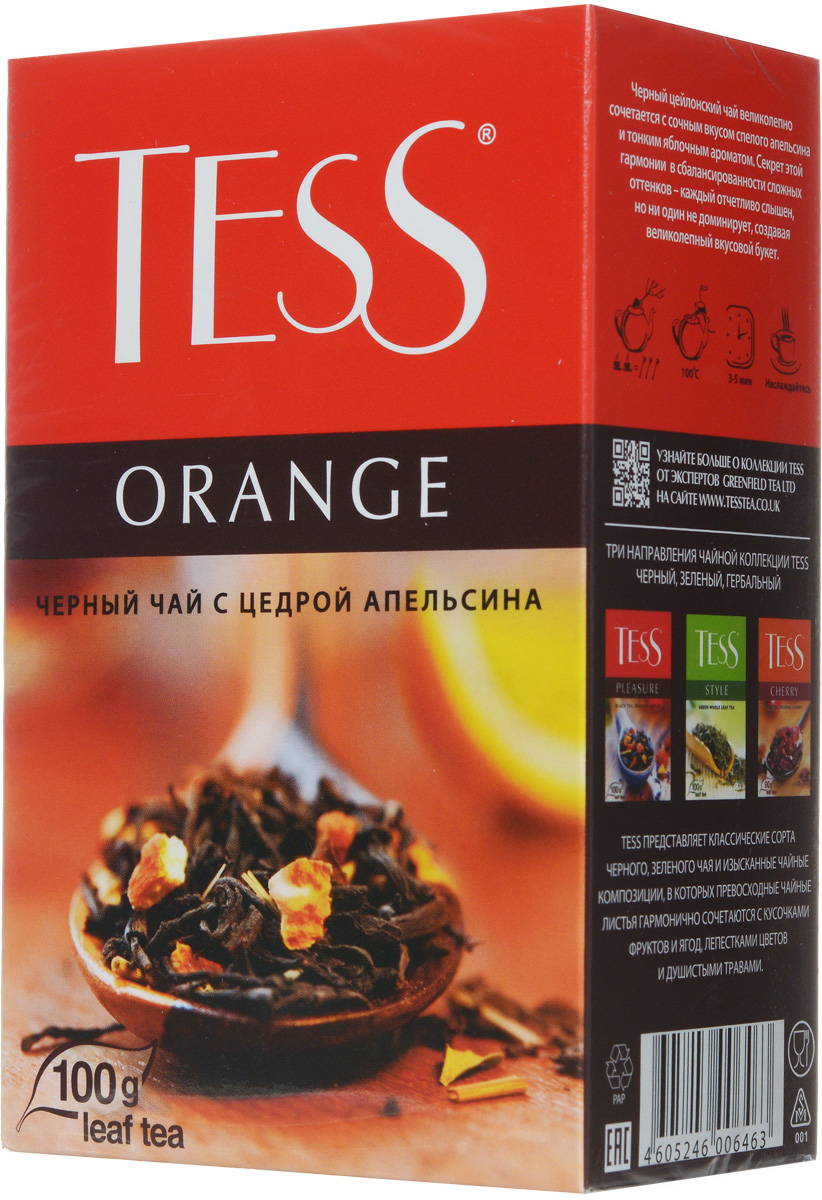 Tess Orange черный листовой чай, 100 г0646-15 Tess Orange черный листовой чай, 100 г0646-15Черный листовой чай Tess Orange - это освежающий черный чай с листом черной смородины, цедрой апельсина, сушеным яблоком. В яркой композиции Tess Orange насыщенный вкус черного чая гармонично сочетается с оттенками апельсина и яблока. Свежий аромат личи и тонкие ноты черной смородины вносят завершающий штрих в богатую вкусовую гамму.