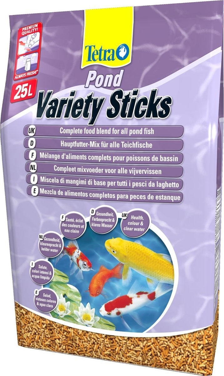 Корм сухой Tetra Pond. Variety Sticks для прудовых рыб, палочки, 25 л (4,1 кг)204577 Корм сухой Tetra Pond. Variety Sticks для прудовых рыб, палочки, 25 л (4,1 кг)204577Корм сухой Tetra Pond. Variety Sticks - это основная кормовая смесь, которая содержит три вида палочек для здорового, полноценного питания прудовых рыб. Запатентованная BioActive формула обеспечивает высокую устойчивость к заболеваниям, придает энегрию и жизнеспособность. Корм содержит все необходимые элементы, витамины и микроэлементы для предотвращения симптомов недостаточности, связанных с питанием. Легкий прием и высокая перевариваемость уменьшает степень загрязнения воды и улучшает ее качество. Кормите не менее 2 - 3 раз в день в таком количестве, которые рыбы могут съесть в течение нескольких минут. Состав: растительные продукты, зерновые культуры, экстракты растительного белка, рыба и побочные рыбные продукты, дрожжи, минеральные вещества, водоросли, масла и жиры, овощи. Пищевая ценность: сырой белок - 31%, сырые масла и жиры - 4,5%, сырая клетчатка - 2%, влага - 7%. Добавки: витамины, провитамины и химические вещества с...