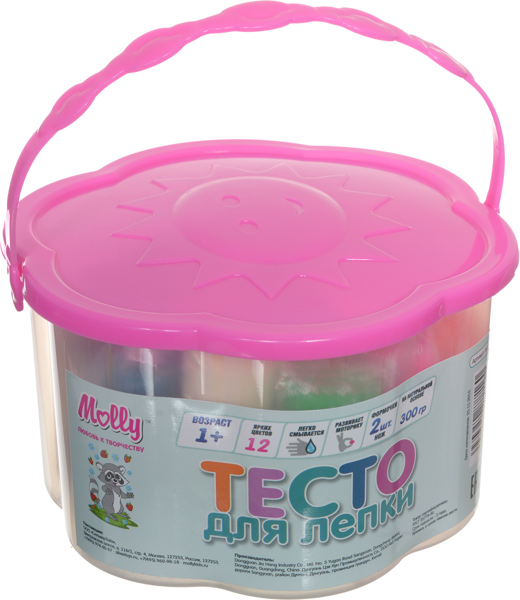 Molly Масса для лепки 12 цветов 2 формочки цвет розовыйM1204_розовый Molly Масса для лепки 12 цветов 2 формочки цвет розовыйM1204_розовыйРазноцветное тесто для лепки Molly прекрасно подходит для обучения детей азам лепки. Тесто пластично, приятно на ощупь и долговечно. Преимущественным отличием теста для лепки Молли является то, что оно не пачкает руки и одежду, легко снимается с поверхности, не окрашивает, может использоваться многократно при условии правильного хранения, безопасно для самых маленьких. Тесто разных цветов хорошо смешивается между собой, благодаря чему можно создавать бесконечное множество оттенков. Натуральные компоненты в составе теста делают его абсолютно безопасным. Тесто не вызывает аллергии, его легко снимать с поверхностей. В наборе две формочки, одна резная форма и 12 цветов теста в индивидуальных упаковках. Набор дополнен пластиковым ножом. Готовые изделия из теста можно украшать бусинами, крупами, семечками, разукрашивать маркерами. Творческие занятия с тестом для лепки развивают мелкую моторику рук, воображение, логику, умение концентрироваться. Маленькие дети от года...