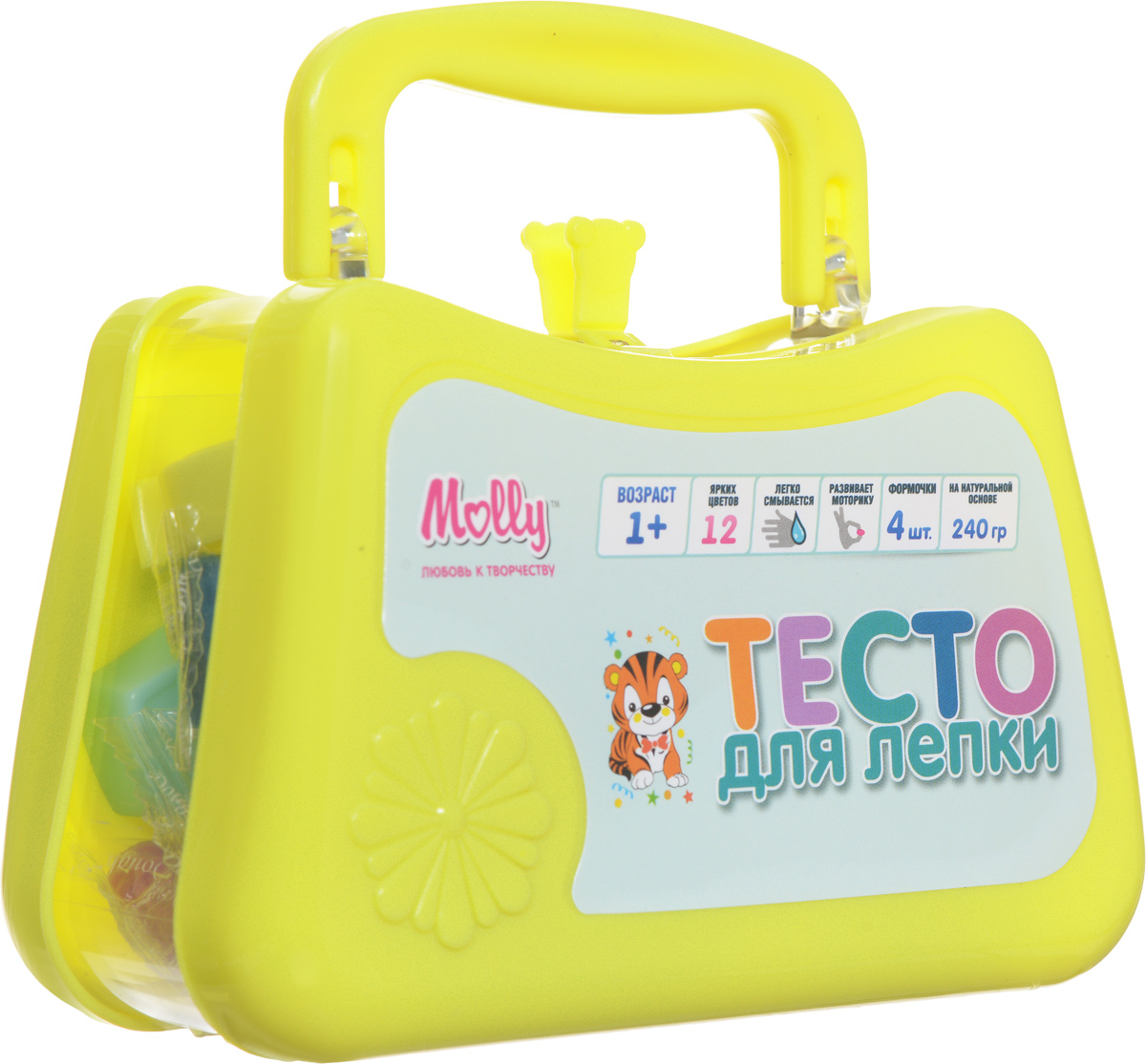 Molly Масса для лепки 12 цветов 4 формочки цвет желтыйM1221_желтый Molly Масса для лепки 12 цветов 4 формочки цвет желтыйM1221_желтыйРазноцветное тесто для лепки Molly прекрасно подходит для обучения детей азам лепки. Тесто пластично, приятно на ощупь и долговечно. Преимущественным отличием теста для лепки Молли является то, что оно не пачкает руки и одежду, легко снимается с поверхности, не окрашивает, может использоваться многократно при условии правильного хранения, безопасно для самых маленьких. Тесто разных цветов хорошо смешивается между собой, благодаря чему можно создавать бесконечное множество оттенков. Натуральные компоненты в составе теста делают его абсолютно безопасным. Тесто не вызывает аллергии, его легко снимать с поверхностей. В наборе 4 формочки и 12 цветов теста в индивидуальных упаковках. Готовые изделия из теста можно украшать бусинами, крупами, семечками, разукрашивать маркерами. Творческие занятия с тестом для лепки развивают мелкую моторику рук, воображение, логику, умение концентрироваться. Маленькие дети от года могут просто раскатывать тесто ладошками, отрывать от него...