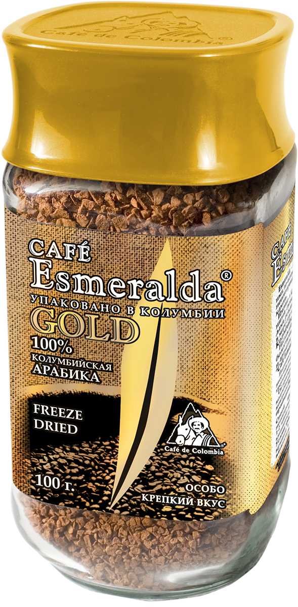 Cafe Esmeralda Gold сублимированный кофе, 100 г571413 Cafe Esmeralda Gold сублимированный кофе, 100 г571413Кофе Cafe Esmeralda Gold произведен и упакован на самой современной в мире фабрике сублимированного кофе Liofilizado в Колумбии под строгим контролем Национальной Федерации производителей кофе Колумбии. Обработка по технологии Freeze Dried - быстрая заморозка в вакууме - сохраняет максимум вкуса и аромата, как у молотого кофе. Дополнительно кофейные кристаллы обрабатываются специальным кофейным маслом, что предотвращает их рассыпание. Кофе произведен из зерен 100% колумбийской арабики. Обладает особенно крепким вкусом и насыщенным ароматом.