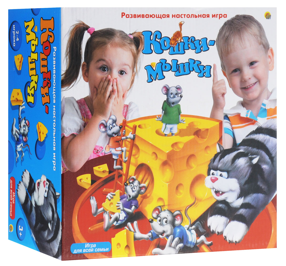 Рыжий Кот Настольная игра Кошки-мышкиИН-1514 Рыжий Кот Настольная игра Кошки-мышкиИН-1514Цель игры - собрать 5 кусочков сыра как можно скорее, пока кот не заметил. Подготовка к игре: поставьте большой кусок сыра на середину стола. Вставьте лестницы в отверстия наверху сыра. Рядом положите кусочки сыра. Поставьте кота возле любого квадратика на игрового поле. Каждый участник выбирает мышку и ставит ее на одну из ячеек, расположенных наверху сыра. По очереди спустите мышек в дырку, которая находится в середине сыра. Вашей стартовой позицией будет место, на которое приземлится мышка. Следуйте правилам игры! Выигрывает тот, кто первым соберет 5 кусочков сыра! Настольная игра Рыжий Кот Кошки-Мышки развивает мелкую моторику рук, мышление, соревновательный дух, коммуникативные навыки.