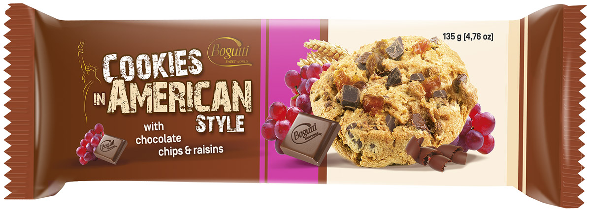Bogutti American Cookies печенье с шоколадной крошкой и изюмом, 135 г14405 Bogutti American Cookies печенье с шоколадной крошкой и изюмом, 135 г14405Bogutti American Cookies - высококачественное сдобное печенье с шоколадной крошкой и изюмом, приготовленное по лучшим итальянским технологиям, из тщательно отобранного сырья. Качество всех изделий отвечает высоким международным требованиям BRC, IFS, а сама выпечка выглядит аппетитно и привлекательно.