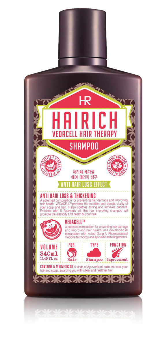 Hairich Шампунь Vedacell, 340 мл8806011814870 Hairich Шампунь Vedacell, 340 мл8806011814870Серия VEDACELL HAIR THERAPY содержит запатентованный комплекс растительных экстрактов (зеленый чай, имбирь, сосна, аир, хна, японский кипарис, арроурут, якорцы, амла), который препятствует выпадению, укрепляет и стимулирует рост волос. 5 видов аюрведических масел (кокоса, оливы, тыквенных семечек, подсолнечника) успокаивают, охлаждают кожу головы и придают волосам здоровое сияние. Все средства серии обладают приятным ароматом, который позволяет расслабиться и снимает накопленный за день стресс. Густая пена мягко очищает, удаляя омертвевшие клетки и кожное сало с кожи головы и волос. Шампунь улучшает циркуляцию крови кожи головы, питает и укрепляет корни, делая волосы густыми и крепкими. Не содержит силиконы