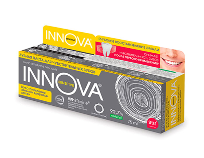 Innova Sensitive Зубная паста Восстановление эмали и здоровье десен, для чувствительных зубов, 75 млИ3-139 Innova Sensitive Зубная паста Восстановление эмали и здоровье десен, для чувствительных зубов, 75 млИ3-139Зубная паста Innova Sensitive Восстановление эмали и здоровье десен - укрепляющая зубная паста с наногидроксиапатитом - активным веществом, из которого состоит зубная эмаль, отбеливающим ферментом Tannaseи и экстрактами нима, бадана, шлемника и стевии. Зубная паста Innova Sensitive с терапевтической дозировкой гидроксиапатита (2,25%) в активной наноформе проникает глубоко в открытые дентинные канальцы и полностью их закрывает, укрепляет эмаль и снижает чувствительность зубов, в том числе в пришеечной области. Характеристики: Объем: 75 мл. Производитель: Россия. Товар сертифицирован.