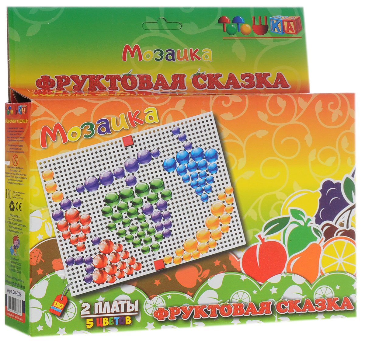 Тотошка Мозаика Фруктовая сказкатт00-026 Тотошка Мозаика Фруктовая сказкатт00-026Мозаика Тотошка Фруктовая сказка - увлекательная развивающая игра и отличный подарок для детей от 3-х лет и старше. Она дает уникальную возможность развивать у ребёнка: мелкую моторику рук; координацию движения; наглядно-образное мышление ; зрительную и тактильную память; умение ориентироваться на плоскости; творческие способности; внимание; фантазию; воображение; усидчивость. Оригинальная конструкция платы позволяет легко вставлять и фиксировать фишки, предотвращая их выпадение при переворачивании или переноске собранной картинки. Рисунки, представленные на упаковке, являются только примером, так как эта универсальная игра раскрывает перед ребёнком неограниченные возможности моделирования и создания множества своих собственных рисунков. В комплект входят 2 платы, 2 соединительных элемента, 130 фишек.
