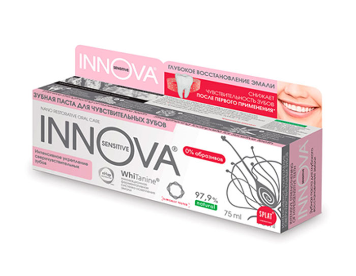 Splat Зубная паста Innova Sensitive, нановосстанавливающая, без абразивов, для сверхчувствительных зубов, 75 млБП-166 Splat Зубная паста Innova Sensitive, нановосстанавливающая, без абразивов, для сверхчувствительных зубов, 75 млБП-166100% без абразивная укрепляющая зубная паста Innova Sensitive для сверхчувствительных зубов с наногидроксиапатитом - активным веществом, из которого состоит зубная эмаль, отбеливающим ферментом Tannase, витамином Е, экстрактами стевии и косточек винограда. Зубная паста Innova Sensitive без абразивов с эффективной дозировкой Гидроксиапатита (6%) в активной наноформе проникает глубоко в открытые дентинные канальцы и полностью их закрывает, укрепляет эмаль и снижает повышенную чувствительность зубов, в том числе в пришеечной области. Клинически доказано, что средства INNOVA эффективно восстанавливают, безопасно осветляют эмаль и заметно снижают повышенную чувствительность зубов уже после первого применения, а не просто временно маскируют симптомы. Все средства INNOVA эффективны при различных причинах возникновения повышенной чувствительности зубов. Активный наногидроксиапатит эффективно укрепляет эмаль и устраняет причину повышенной чувствительности...