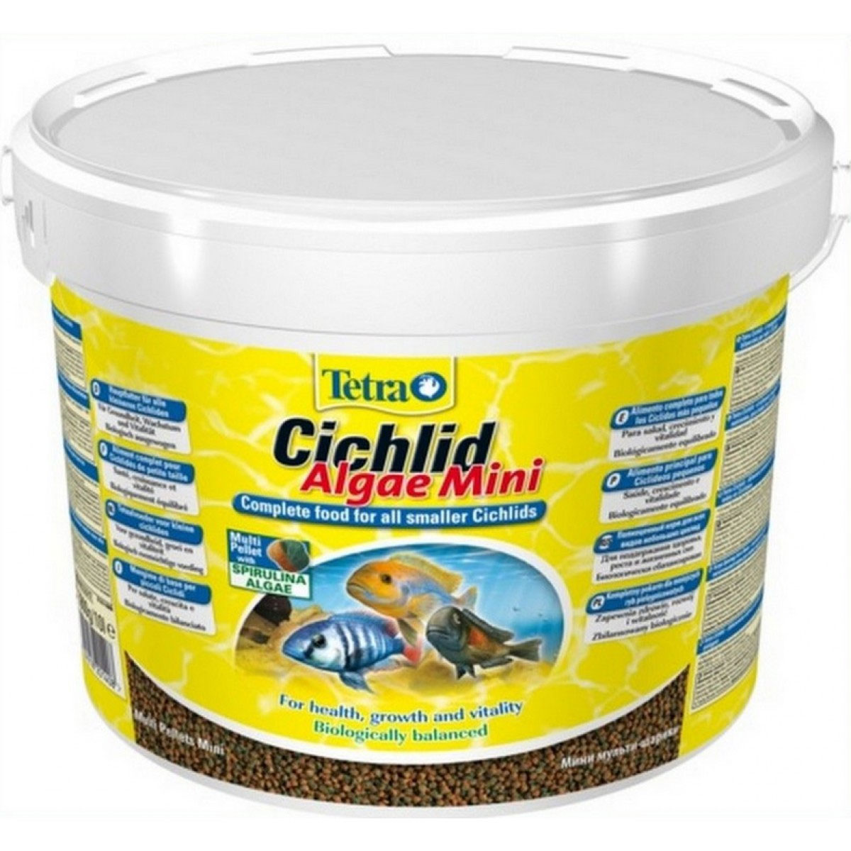 Корм сухой Tetra Cichlid. Algae Mini для всех видов небольших цихлид, гранулы, 10 л (3,9 кг)201408 Корм сухой Tetra Cichlid. Algae Mini для всех видов небольших цихлид, гранулы, 10 л (3,9 кг)201408Полноценный растительный корм Tetra Cichlid. Colour Mini для всех видов небольших цихлид разработан для поддержания здоровья, роста и красивого окраса. Особенности Tetra Cichlid. Colour Mini - богатое содержание высококачественного белка и других питательных веществ удовлетворяет потребности в питании; - новая форма корма в виде шариков с полезным концентратом содержит природные усилители цвета для яркой окраски всех видов красных, оранжевых и желтых циклид; - маленький размер корма подходит для небольших цихлид; - новая формула корма с полезным концентратом содержит водоросли спирулина, обеспечивающие яркую окраску и придающие жизненные силы; - запатентованная формула BioActive - для поддержания здоровья и продолжительной жизни. Рекомендации по кормлению: кормить несколько раз в день маленькими порциями. Состав: зерновые культуры, экстракты растительного белка, рыба и побочные рыбные продукты, дрожжи, моллюски и...
