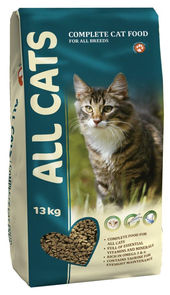 Корм сухой полнорационный для взрослых кошек ALL CATS 13 кг6684 Корм сухой полнорационный для взрослых кошек ALL CATS 13 кг6684Гарантируемые показатели. сырой протеин – 30 % сырой жир – 9 % сырая клетчатка – 3 % сырая зола – 7 % кальций – 1,3 % фосфор –1,0 % Энергетическая ценность- 340 ккал/100 г. Перечень компонентов, входящих в рецептуру. злаки, мясо и продукты животного происхождения, овощи, масла и жиры, рыба и рыбные субпродукты (источник Омега-3 и Омега-6 жирных кислот), минеральные вещества и витамины.