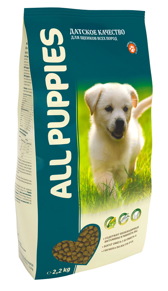 Корм сухой полнорационный для щенков ALL PUPPIES 2,2 кг6752 Корм сухой полнорационный для щенков ALL PUPPIES 2,2 кг6752Гарантируемые показатели. сырой протеин - 28 % сырой жир - 14 % сырая клетчатка - 3 % сырая зола – 8,5 % кальций – 1,8 % фосфор – 1,2 % Энергетическая ценность- 354 ккал/100 г. Перечень компонентов, входящих в рецептуру. злаки, мясо и продукты животного происхождения, овощи, масла и жиры, рыба и рыбные субпродукты(источник Омега-3 и Омега-6 жирных кислот),, минеральные вещества и витамины.
