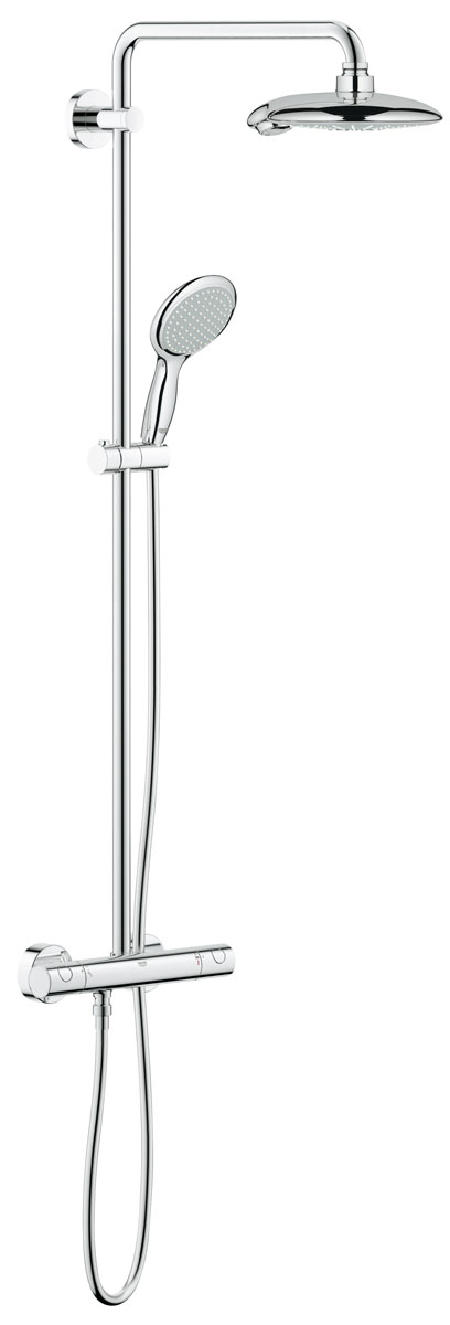 Душевая система с термостатом GROHE Euphoria Power&Soul 190 с верхним и ручным душем (26186000)26186000 Душевая система с термостатом GROHE Euphoria Power&Soul 190 с верхним и ручным душем (26186000)26186000включает в себя: горизонтальный поворотный душевой кронштейн 450 мм Grohtherm 1000 Cosmopolitan Термостат наружного монтажа с функцией Aquadimmer выбор между: верхний душ Power&Soul® 190 (27 766 000) с режимом Rain с шаровым шарниром угол поворота ± 15° Ручной душ Power&Soul 115 (27 669 000) регулируется по высоте с помощью скользящего элемента (12 140 000) душевой шланг 1750 мм (28 388 000) минимальный расход воды 7л/мин GROHE One-click showering Выбор режима струи нажатием кнопки GROHE DreamSpray® превосходный поток воды GROHE StarLight® хромированная поверхность GROHE TurboStat® встроенный термоэлемент с системой SpeedClean против известковых отложений Внутренний охлаждающий канал для продолжительного срока службы Twistfree против перекручивания шланга совместим с проточным водонагревателем от 18 kВ/ч минимальное давление 1,0 бар