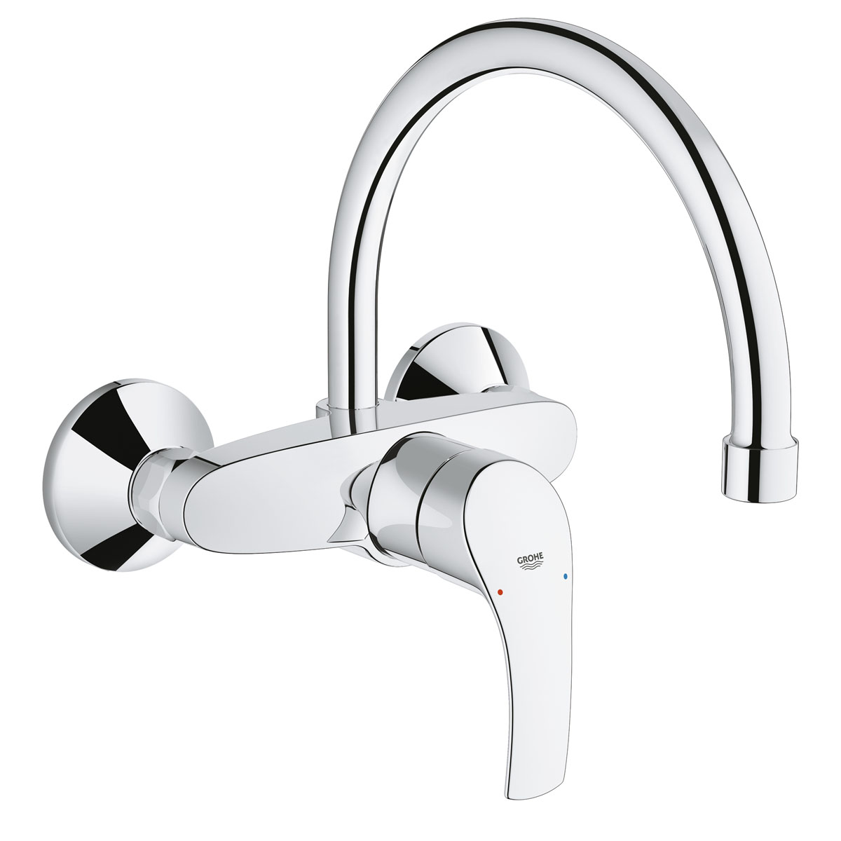 Смеситель для кухни GROHE Eurosmart new, настенный с высоким изливом (32482002)32482002 Смеситель для кухни GROHE Eurosmart new, настенный с высоким изливом (32482002)32482002настенный монтаж GROHE SilkMove® керамический картридж 35 мм GROHE StarLight® хромированная поверхность встроенный ограничитель температуры регулировка расхода воды поворотный трубкообразный излив радиус поворота 360° вынос 186 мм аэратор скрытые S-образные эксцентрики