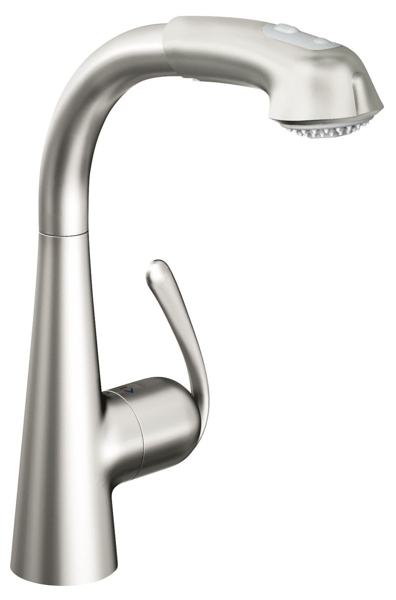 Смеситель для кухни GROHE Zedra с выдвижным изливом, нержавеющая сталь (32553SD0)32553SD0 Смеситель для кухни GROHE Zedra с выдвижным изливом, нержавеющая сталь (32553SD0)32553SD0монтаж на одно отверстие, поворотный трубкообразный излив, радиус поворота 360°, регулировка расхода воды, выдвижная лейка с возвратной пружиной, встроенный обратный клапан автоматический переключатель аэратор/SpeedClean душевая струя автоматическое возвратное переключение на аэратор после выключения гибкая подводка, система быстрого монтажа, с защитой от обратного потока GROHE SilkMove® керамический картридж O 46 мм GROHE RealSteel® корпус из нержавеющей стали