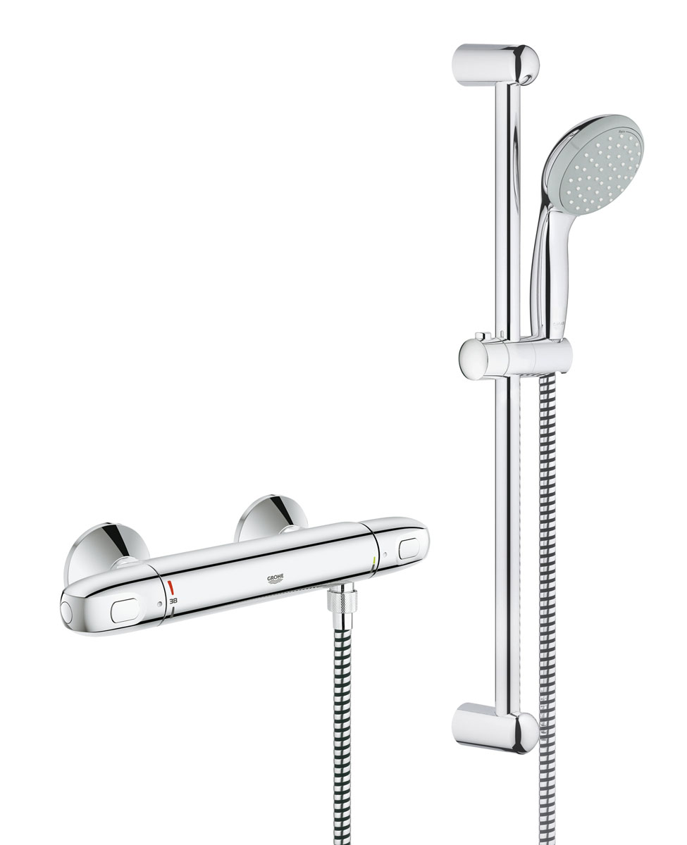 Термостат для душа GROHE Grohtherm 1000 New с душевым гарнитуром (штанга 600 мм) (34151003)34151003 Термостат для душа GROHE Grohtherm 1000 New с душевым гарнитуром (штанга 600 мм) (34151003)34151003с душевым гарнитуром включает в себя: Grohtherm 1000 NEW Термостат для душа 1/2 (34 143 003) GROHE TurboStat® встроенный термоэлемент GROHE CoolTouch® безопасный корпус GROHE MetalGrip эргономичная металлическая рукоятка Tempesta New Душевой гарнитур II, 600 мм (27 598 000) дополнительно: вентиль регулировки расхода воды 9,5 л/мин GROHE EcoJoy® Технология совершенного потока при уменьшенном расходе воды Внутренний охлаждающий канал для продолжительного срока службы GROHE DreamSpray® превосходный поток воды GROHE StarLight® хромированная поверхность с системой SpeedClean против известковых отложений ShockProof силиконовое кольцо, предотвращающее повреждение поверхности при падении ручного душа опция: рукоятка для ограничения температруы до 43°C (47 973 000) минимальное давление 1,0 бар
