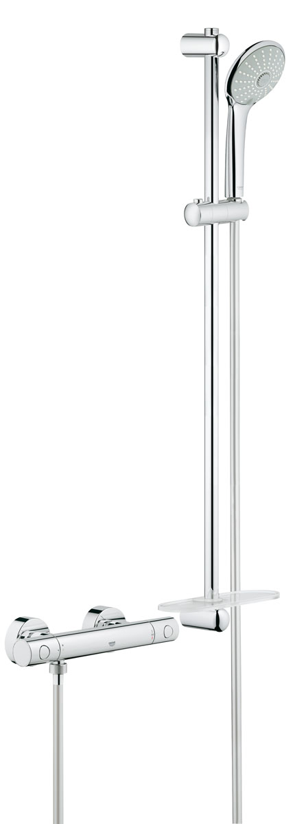 Термостат для душа GROHE Grohtherm 1000 Cosmopolitan New с душевым гарнитуром (штанга 900 мм) (34321002)34321002 Термостат для душа GROHE Grohtherm 1000 Cosmopolitan New с душевым гарнитуром (штанга 900 мм) (34321002)34321002с душевым гарнитуром включает в себя: Grohtherm 1000 Cosmopolitan M Термостат для душа 1/2 (34 065 002) Euphoria 110 Massage Душевой гарнитур, 900 мм (27 226 001) Внутренний охлаждающий канал для продолжительного срока службы GROHE DreamSpray® превосходный поток воды GROHE StarLight® хромированная поверхность GROHE SprayDimmer Полочка GROHE EasyReach™ (27 596 000) с системой SpeedClean против известковых отложений Twistfree против перекручивания шланга минимальное давление 1,0 бар