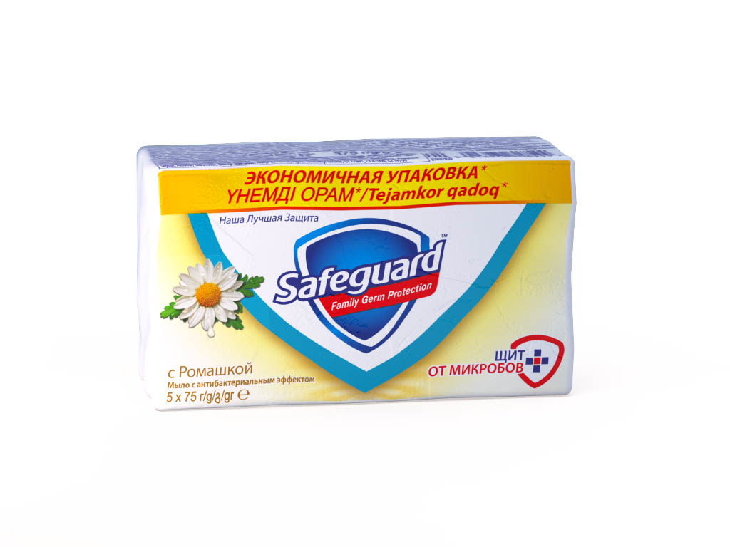 Safeguard Антибактериальное мыло Ромашка, 5 х 75 гSG-81540451 Safeguard Антибактериальное мыло Ромашка, 5 х 75 гSG-81540451Мыло Safeguard на 100% рекомендовано специалистами по всему миру! Антибактериальное мыло Safeguard Ромашка в экономичной упаковке 5 шт по 75г. уничтожает до 99,9% всех известных болезнетворных бактерий и ухаживает за кожей рук: • поверхностно активные вещества эффективно удаляют все виды микробов в момент смывания • антибактериальный комплекс обеспечивает защиту от самых опасных граммоположительных бактерии (Стрептококк, Стафилококк) до 12 часов после смывания • смягчающие компоненты оказывают успокаивающее воздействие на кожу рук, и ваши руки сияют здоровьем Это мыло - просто находка! Отличная защита от микробов, не вызывает раздражения, пользуемся всей семьей