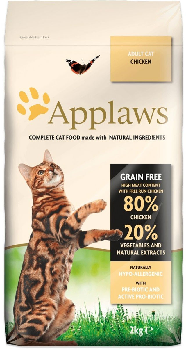 Беззерновой для Кошек Курица/Овощи: 80/20% (Adult Cat Chicken), 2 кг24395 Беззерновой для Кошек Курица/Овощи: 80/20% (Adult Cat Chicken), 2 кг24395Беззерновая линейка Холистик кормов для кошек Applaws изготовлена по особым рецептам, разработанными диетологами института Великобритании. Правильная диета очень важна для питомцев, ведь она меняется в зависимости от жизненного цикла. Также полнорационные корма должны включать в себя необходимое количество витаминов и минералов. В рецептах сухих кормов Applaws учтен не только перечень наиболее необходимых минералов и витаминов, но и их строгий баланс. Так как сухой корм изготавливается только из натуральных качественных ингредиентов, крокеты привлекут внимание любого, даже очень привередливого питомца. Состав: Дегидрированное мясо цыпленка (мин. 59%), молодой картофель (мин. 4%), мелкорубленное свежее филе цыпленка (мин. 9%), жир домашней птицы (мин. 9% - источник омега 6), подлива с мяса птицы приготовленной в собственном соку (мин. 3%), свекла (мин. 3%), яичный порошок (мин. 3%), пивные дрожжи, лососевый жир (источник Омега 3), минералы, клетчатка (мин. 0,4%), хлорид...