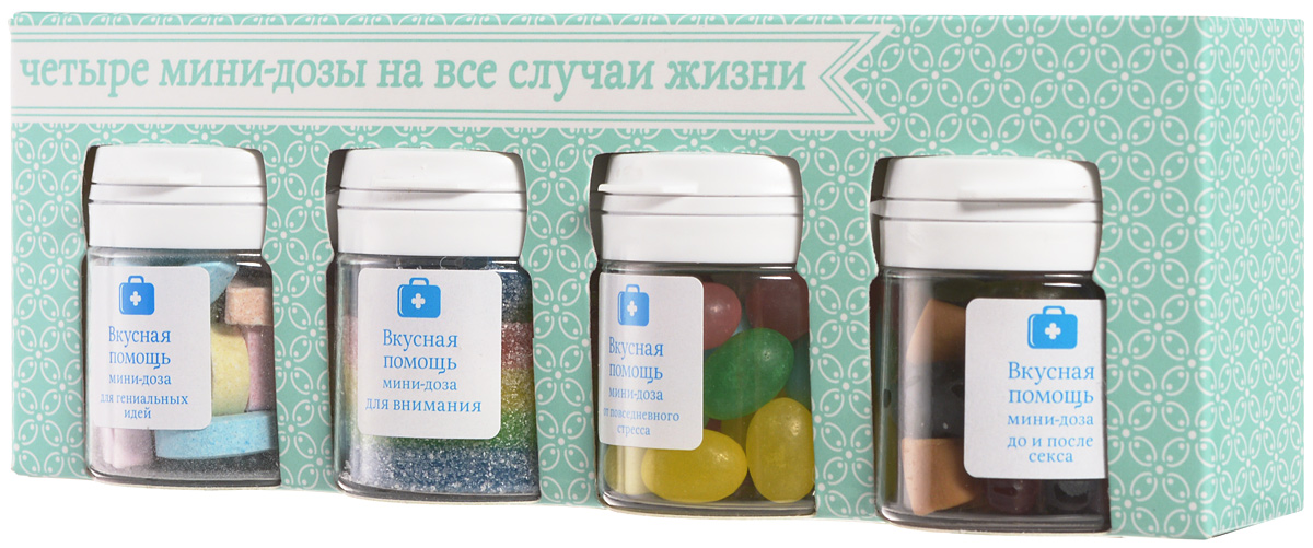 Набор конфет Вкусная помощь На все случаи жизни 4 х 50 мл00-00000252 Набор конфет Вкусная помощь На все случаи жизни 4 х 50 мл00-00000252Набор На все случаи жизни - это комплект из вкусного сахарного драже в пастилках, сладко-кислых пластинок Радуга, жевательного мармелада Джелли бин и жевательного мармелада Мини Коло-Радо. Применять как подарок от близкого друга. Помогает срочно исполнить желание, справиться с повседневным стрессом и голодом.