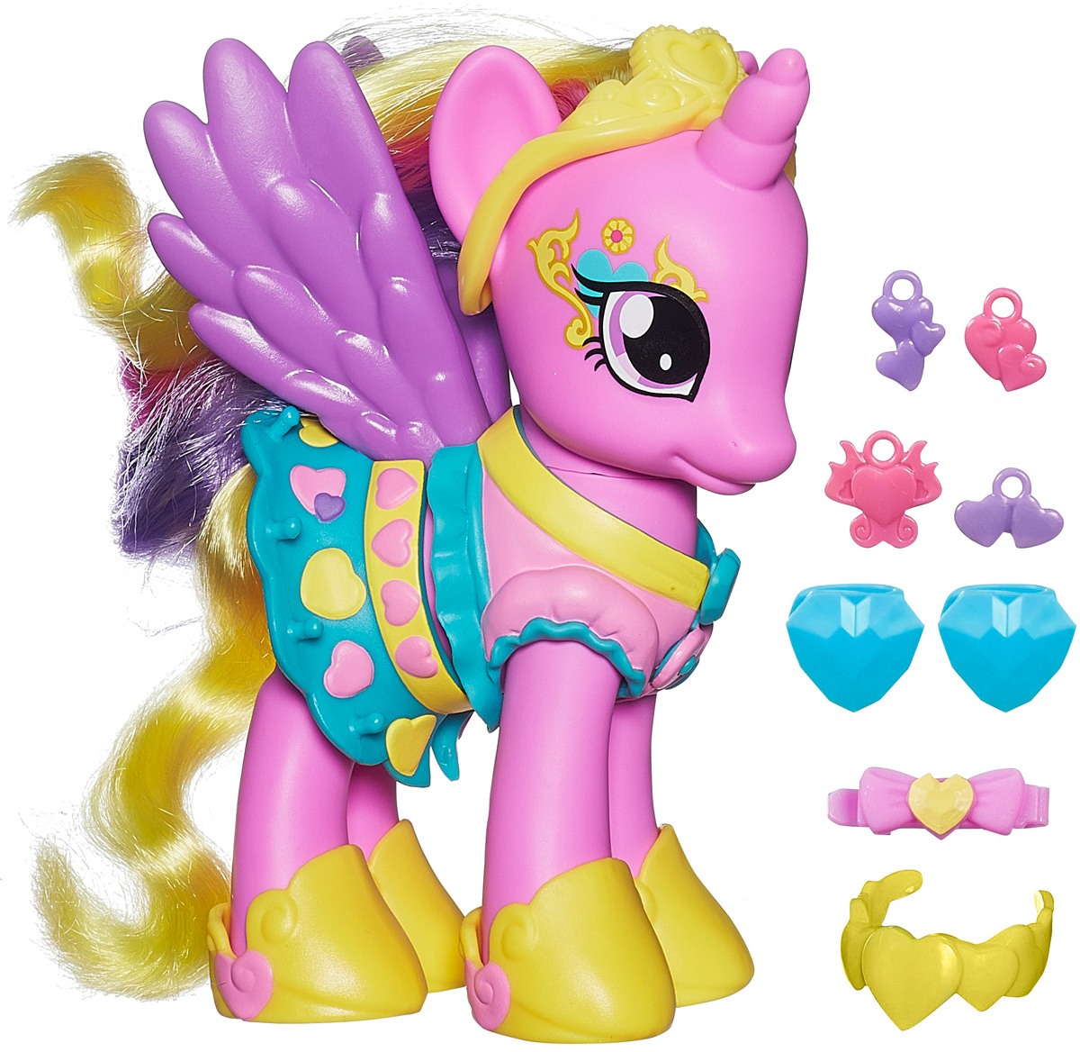 My Little Pony Игровой набор Пони-модница Принцесса КаденсB0360_B0361 My Little Pony Игровой набор Пони-модница Принцесса КаденсB0360_B0361Игровой набор My Little Pony Пони-модница. Принцесса Каденс привлечет внимание вашей малышки и не позволит ей скучать. Он включает фигурку пони Принцессы Каденс, 2 заколки в виде сердечек, заколку в виде бантика, 4 подвески и изящное ожерелье для пони. Игрушка выполнена из пластика и представляет собой очаровательную пони с большими выразительными глазками, фиолетовыми крылышками и длинной гривой и хвостом. Пони одета в нарядное платье принцессы, на голове у нее - тиара, а на ногах - изящные ботиночки. Ваша малышка сможет сделать пони красивую прическу с помощью расчески и заколок, и украсить пони ожерельем, а оригинальные подвески отлично подойдут для украшения наряда лошадки. Головка игрушки поворачивается. Ваша малышка будет часами играть с набором, придумывая различные истории. Порадуйте ее таким замечательным подарком!