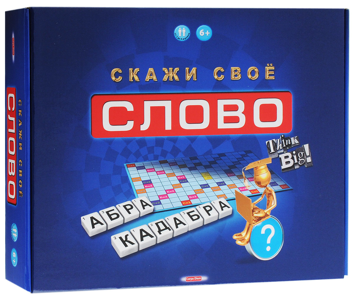 Carpe Diem Настольная игра Скажи свое словоИН-0054 Carpe Diem Настольная игра Скажи свое словоИН-0054Настольная игра Carpe Diem Скажи свое слово - отличный способ приятно провести время, а заодно расширить свой словарный запас. Цель игроков - создание кроссворда из слов таким образом, чтобы набрать наибольшее количество очков. Игроки по очереди выкладывают игровые фишки с буквами на поле, составляя слова. Тот из них, кто набрал больше всего очков, побеждает в игре. В комплект входит игровое поле, 100 пластиковых фишек-букв, инструкция на русском языке.