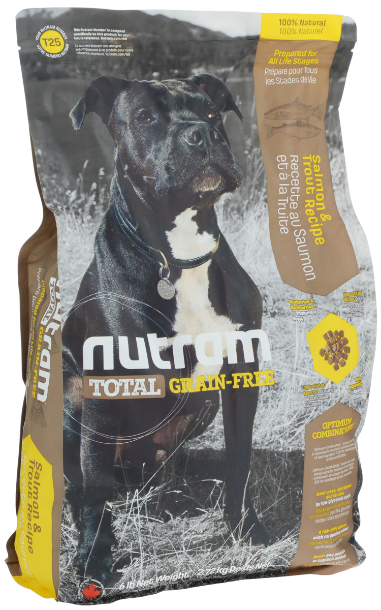 Корм сухой для собак Nutram, беззерновой, из мяса лосося и форели, 2,72 кг83492 Корм сухой для собак Nutram, беззерновой, из мяса лосося и форели, 2,72 кг83492Сухой корм для собак Nutram - это натуральный полнорационный корм для собак без содержания зерна. В составе корма: - Углеводы с низким гликемическим индексом (ГИ), полученные из бобовых (турецкий горох и зеленый горошек); - Органические пребиотики (морские водоросли и инулин агавы); - Мощные продукты, такие как лебеда, семена чии, свежие ягоды, гранат и капуста; - Свыше 90% свежих фруктов и овощей канадского производства; - Не содержит картофеля. Состав: мясо форели без костей, дегидрированное мясо лосося, зеленый горошек, дегидрированное мясо рыбы менхаден, бараний горох, чечевица, каноловое масло, мясо лосося без костей, натуральный овощной ароматизатор, жир лососевых рыб, яблоки, морковь, хлорид холина, тыква мускатная, киноа, клюква, черника, ежевика, листовая капуста, ламинария, корень цикория (пребиотик), витамины и минералы (витамин E, А, D3, B3, C, B5, B1, B2, B6, B9, B7, B12, бета-каротин, протеинат цинка, сульфат железа,...