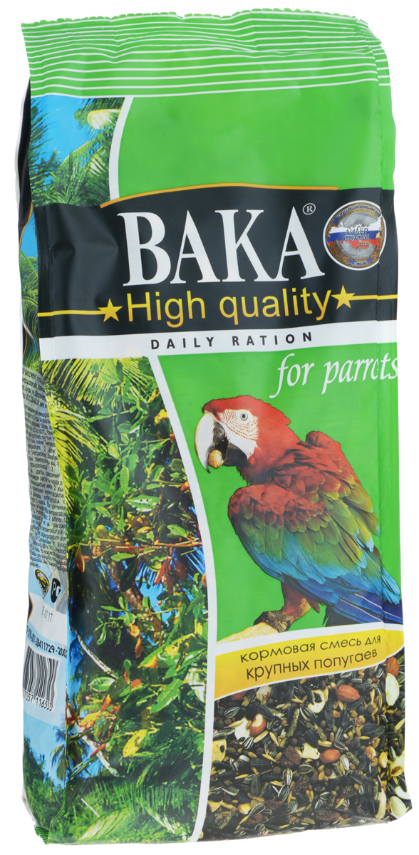 Корм сухой Вака High Quality для крупных попугаев, 1 кг82297 Корм сухой Вака High Quality для крупных попугаев, 1 кг82297Вака High Quality - полноценный сбалансированный корм для крупных попугаев (ара, жако, амазоны, ожереловые попугаи, розеллы и другие), по составу, калорийности и содержанию витаминов максимально приближенный к рациону птиц в естественной среде. Состав корма - результат многолетнего исследования профессионалов и рекомендован к использованию ведущими специалистами в области разведения декоративных птиц. Содержащиеся в корме компоненты обеспечат вашему любимцу максимальную защиту и профилактику от большинства распространенных заболеваний, а также позволят вам поддерживать его в отличной форме. Содержащийся в фукусе йод поможет предотвратить возможные нарушения обмена веществ, заболевания щитовидной железы, развитие зоба. Пробиотик улучшит усвоение корма, нормализует пищеварение, повысит иммунитет. Кальций, добавленный в корм в легкоусвояемой для птиц форме, обеспечит превосходное оперение. Семена черного подсолнечника станут дополнительным источником энергии, при этом семена...