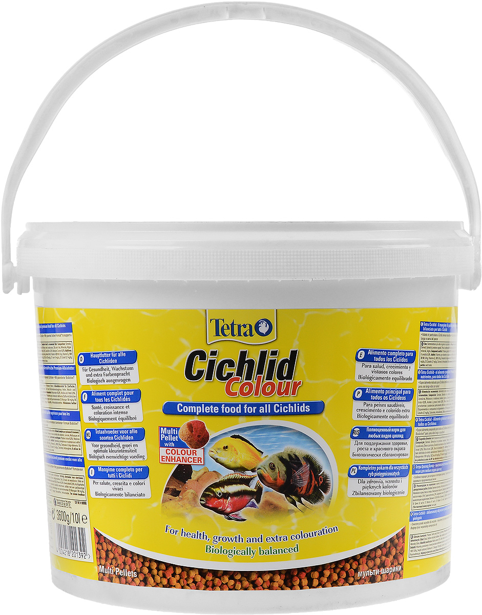 Корм сухой Tetra Cichlid. Colour для любых видов цихлид, шарики, 10 л (3,6 кг)201392 Корм сухой Tetra Cichlid. Colour для любых видов цихлид, шарики, 10 л (3,6 кг)201392Полноценный растительный корм Tetra Cichlid. Colour для всех видов цихлид разработан для поддержания здоровья, роста и красивого окраса. Особенности Tetra Cichlid. Colour: - богатое содержание высококачественного белка и других питательных веществ удовлетворяет потребности в питании. - новая форма корма в виде шариков с полезным концентратом содержит природные усилители цвета для яркой окраски все видов красных, оранжевых и желтых цихлид. Особенно подходит для всеядных и травоядных цихлид. Запатентованная формула BioActive - для поддержания здоровья и продолжительной жизни. Рекомендации по кормлению: кормить несколько раз в день маленькими порциями. Состав: зерновые культуры, экстракты растительного белка, рыба и побочные рыбные продукты, дрожжи, моллюски и раки, масла и жиры, водоросли, минеральные вещества. Пищевая ценность: сырой белок - 43%, сырые масла и жиры - 5%, сырая клетчатка - 2%, влага - 8%. ...