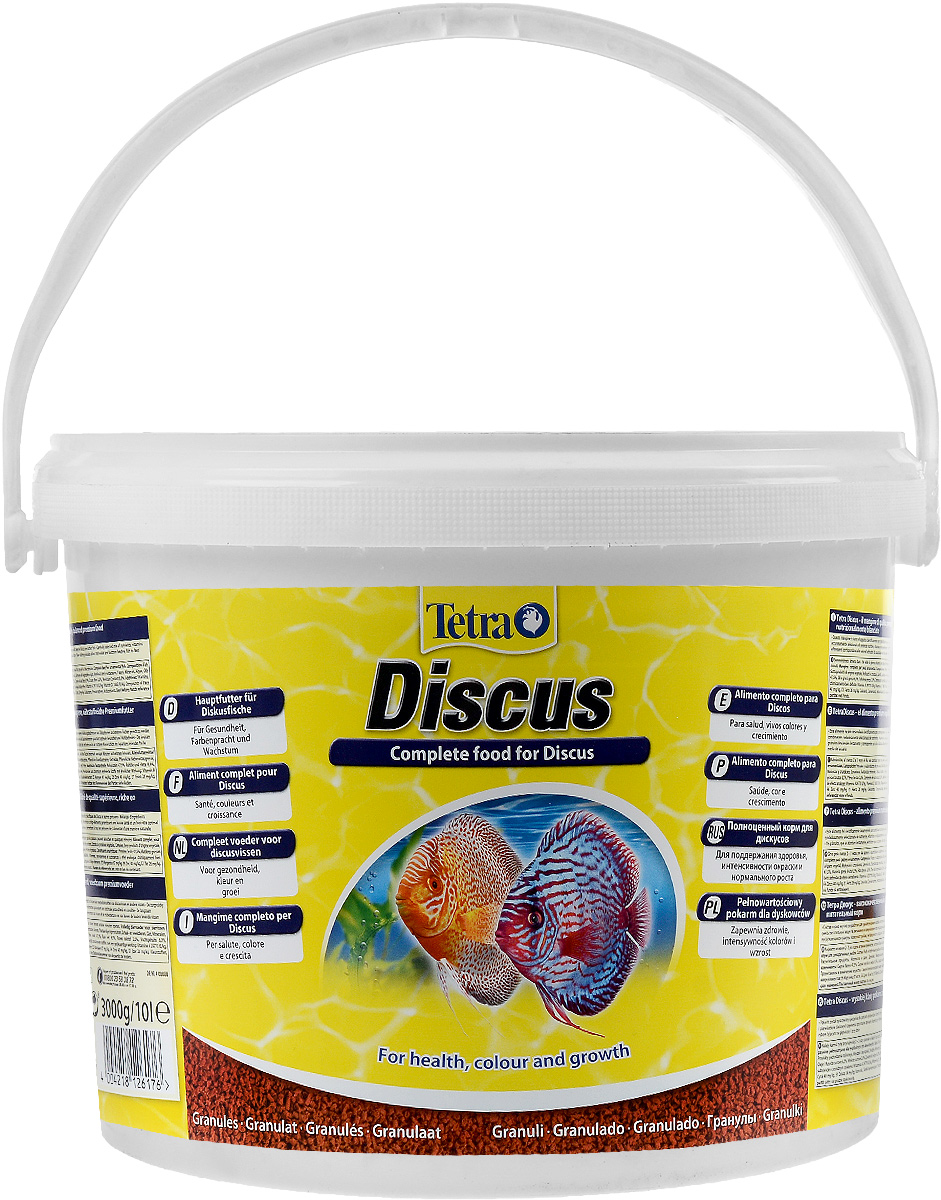 Корм сухой Tetra Discus для дискусов, гранулы, 10 л (3 кг)126176 Корм сухой Tetra Discus для дискусов, гранулы, 10 л (3 кг)126176Корм Tetra Discus - основной корм для дискусов в гранулах. Идеальный корм, полностью соответствующий своим цветом, составом и формой специфическим потребностям дискусов. Особенности: - Содержит полноценный сбалансированный комплекс витаминов, питательных веществ и микроэлементов. - Медленно опускается на дно аквариума, что способствует его немедленному поеданию рыбами. - Полное отсутствие опасности заражения болезнями, что возможно при использовании замороженного корма. - Усиливает натуральную окраску, жизненную энергию рыб и сопротивляемость болезням. - Содержание стабилизированного витамина С обеспечивает повышенную устойчивость организма рыбы к болезням, ускоряет рост и устраняет симптомы болезней, связанных с недоеданием. Кормить несколько раз в день небольшими порциями. Состав: зерновые культуры, экстракты растительного белка, рыба и побочные рыбные продукты, дрожжи, моллюски и раки,водоросли, масла...