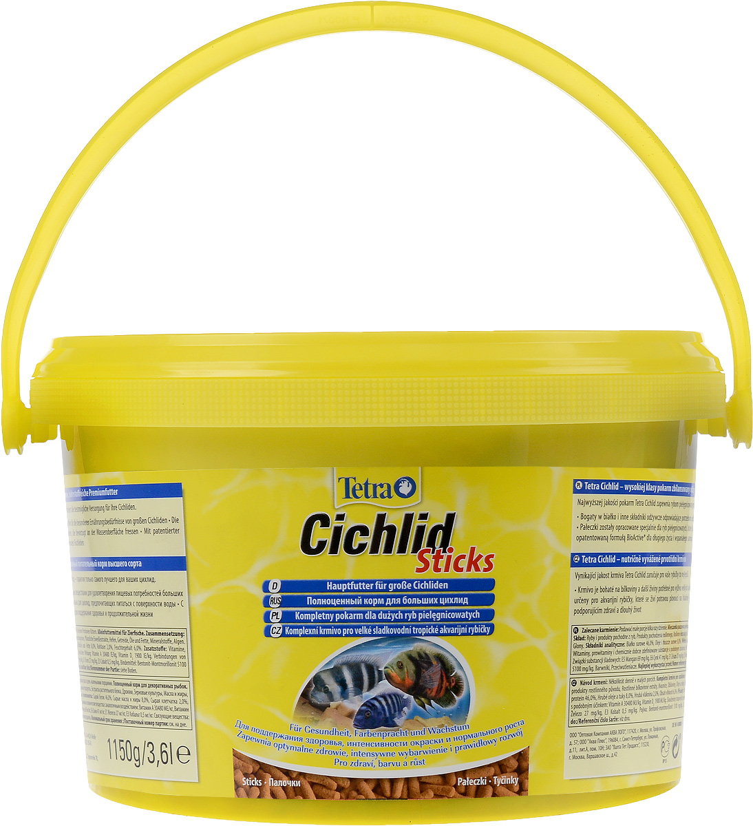 Корм сухой Tetra Cichlid. Sticks для больших цихлид, палочки, 3,6 л (1,15 кг)193802 Корм сухой Tetra Cichlid. Sticks для больших цихлид, палочки, 3,6 л (1,15 кг)193802Корм Tetra Cichlid. Sticks - это биологически сбалансированный корм в виде палочек, предназначенный для больших цихлид. Корм богат белками и другими питательными веществами для удовлетворения пищевых потребностей больших цихлид, Палочки разработаны специально для цихлид, предпочитающих питаться с поверхности воды. Запатентованная формула BioActive поддерживает здоровую иммунную систему рыб. Рекомендации по кормлению: кормите не менее 2-3 раз в день в таком количестве, которое ваши рыбы могут съесть в течение нескольких минут. Состав: рыба и побочные рыбные продукты, растительные продукты, экстракты растительного белка, дрожжи, зерновые культуры, масла и жиры, водоросли, минеральные вещества. Аналитические компоненты: сырой белок - 46%, сырые масла и жиры - 8%, сырая клетчатка - 2%, влага - 6%. Добавки: витамины, провитамины и химические вещества с аналогичным воздействием, витамин А 30480 МЕ/кг, витамин Д3 1900 МЕ/кг. Комбинации элементов:...