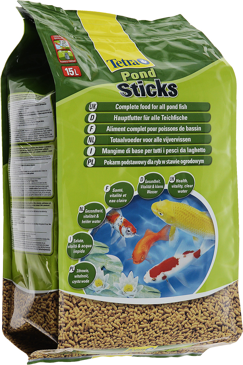 Корм сухой Tetra Pond. Sticks для прудовых рыб, палочки, 15 л (1,68 кг)170124 Корм сухой Tetra Pond. Sticks для прудовых рыб, палочки, 15 л (1,68 кг)170124Tetra Pond. Sticks - это основной корм для рыб, в виде плавающих на поверхности воды палочек, который содержит все необходимые питательные вещества, клетчатку, минералы, микроэлементы и витамины для полноценного и биологически сбалансированного питания. Запатентованная BioActive формула обеспечивает высокую устойчивость к заболеваниям, придает энергию и жизнеспособность. Особенности Tetra Pond. Sticks: уникальная рецептура и качества сырья предотвращает симптомы недостаточности связанные с питанием, легко усваиваемый корм благодаря высокой биологической ценности питательных веществ, высокая устойчивость к заболеваниям благодаря оптимизированной питательной формуле, улучшение качества воды за счет уменьшения количества добавленных фосфатов на 25 %, идеально подходит для ежедневного питания прудовых рыб. Рекомендации по кормлению: кормите не менее 2-3 раз в день в таком количестве, которое ваши рыбы могут съесть в течение нескольких минут. ...