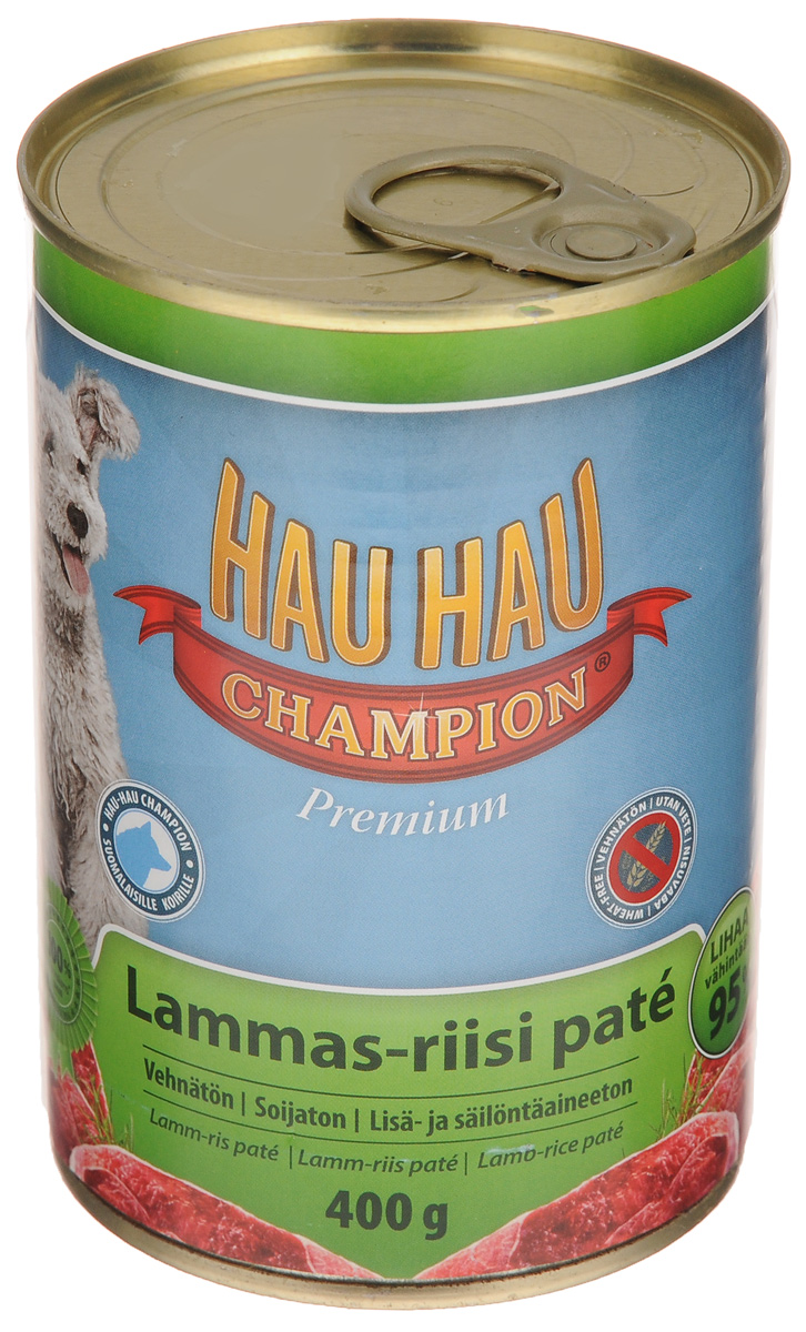Консервы для собак Hau-Hau Champion, паштет из баранины с рисом, 400 г81196 Консервы для собак Hau-Hau Champion, паштет из баранины с рисом, 400 г81196Консервы Hau-Hau Champion - нежнейший паштет из баранины с рисом. Это полноценный корм для собак любого возраста. Не содержит сои, пшеницы, пищевых добавок и красителей. Благодаря большому содержанию мяса продукт легко усваивается. Консервы можно давать собаке отдельно, так как они содержат все необходимые питательные вещества, или же смешивать с сухим кормом, чтобы сделать его еще более вкусным. Состав: мясо и продукты животного происхождения 95% (из которых баранина 10%), рис 4,1 %, витамины и минералы. Витамины и минералы на кг: витамин A 3 000 IU, витамин D3 300 IU, цинк (оксид цинка) 16 мг, железо (сульфат пенгидрат железа) 6,5 мг, медь (сульфат пенгидрат меди) 0,1 мг. Пищевая ценность: влажность 81 %, белки 8,5 %, масла и жиры 6 %, пепел 2,5 %, клетчатка 0,7 %. Товар сертифицирован.